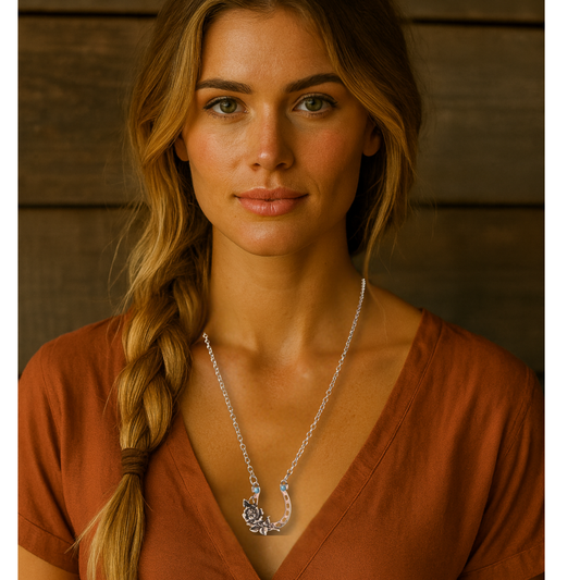 Silver Horseshoe Necklace with Roses & Turquoise Beads