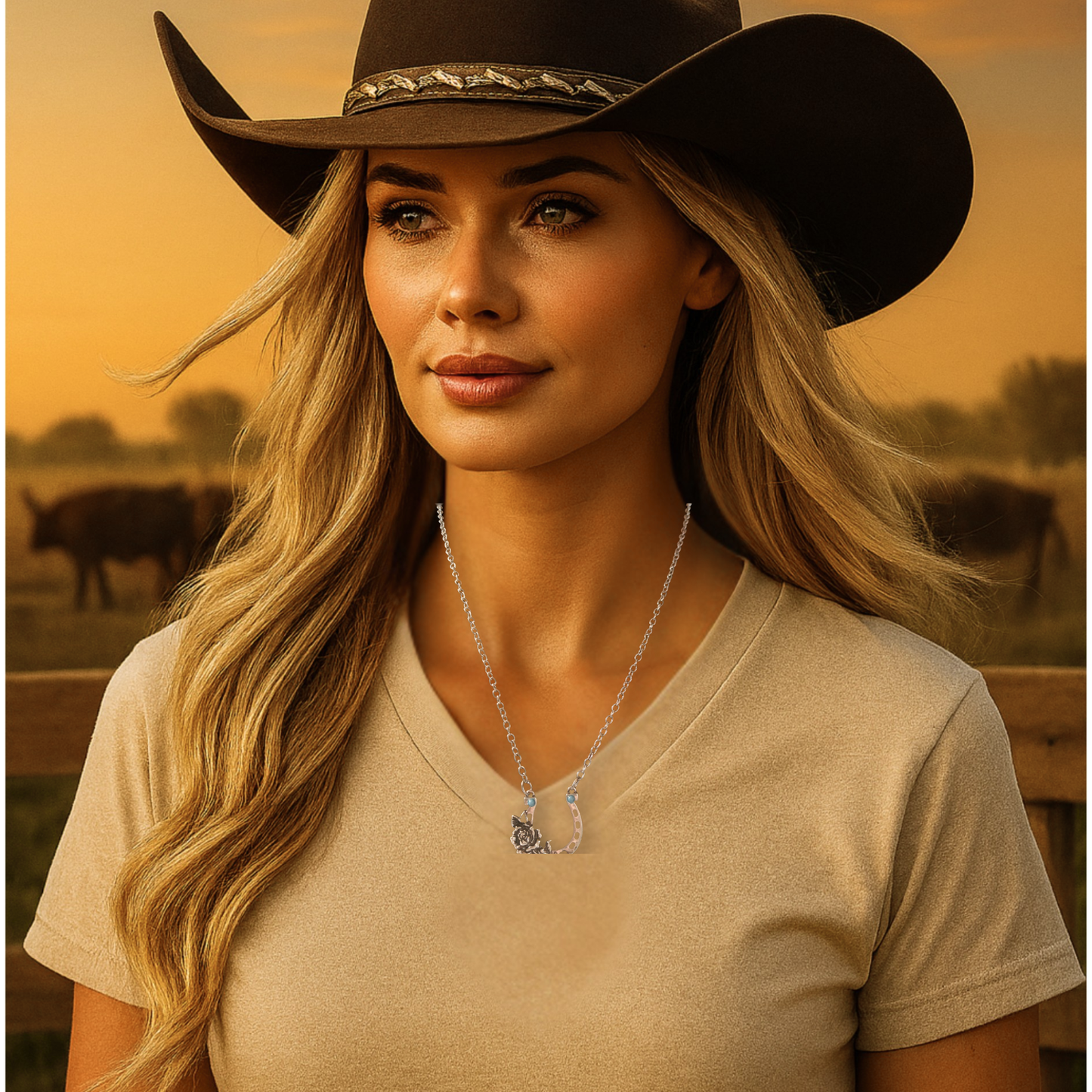 Silver Horseshoe Necklace with Roses & Turquoise Beads