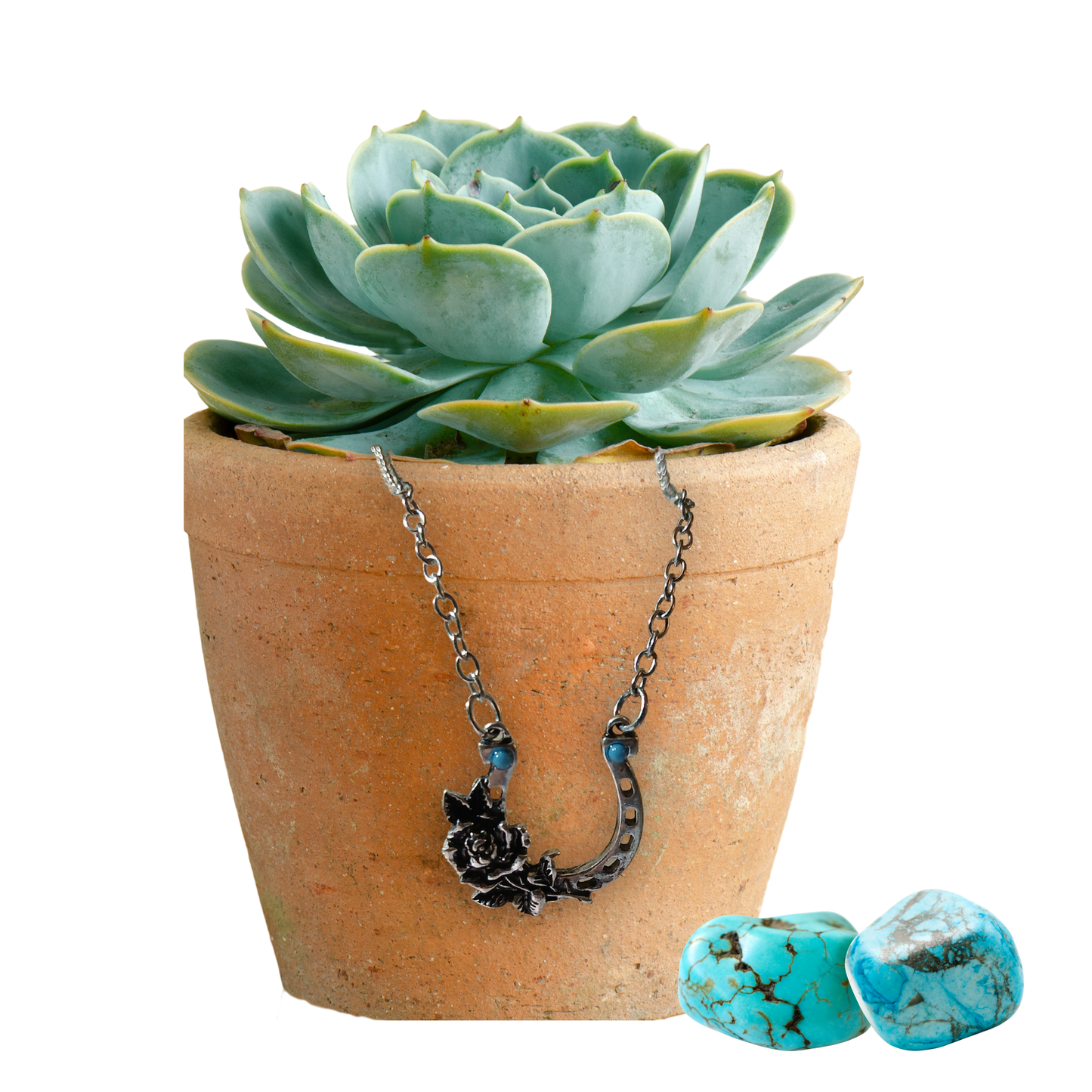 Silver Horseshoe Necklace with Roses & Turquoise Beads