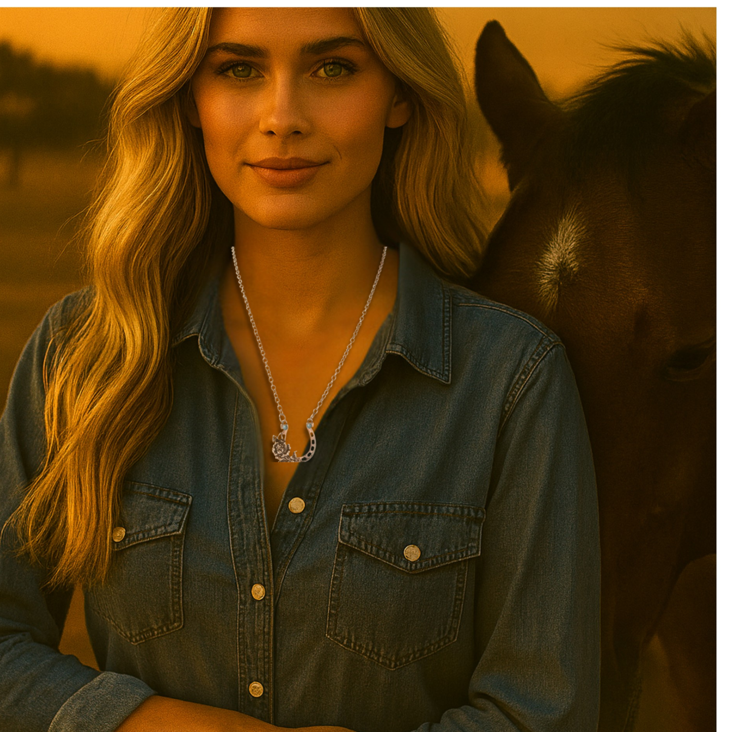 Silver Horseshoe Necklace with Roses & Turquoise Beads