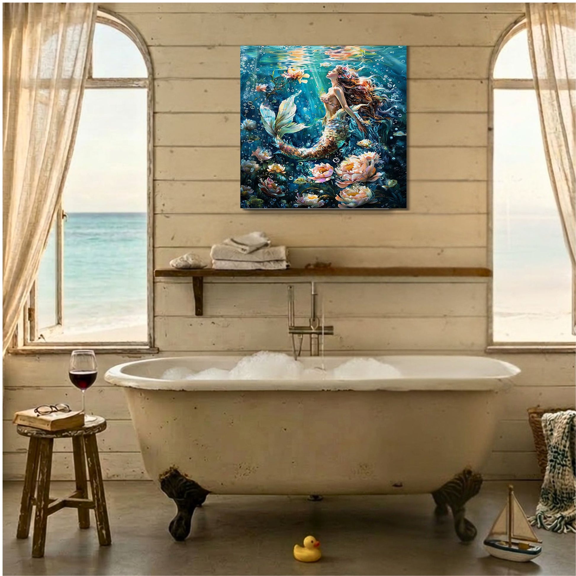 An unframed vertical canvas print of a mermaid underwater scene hangs on a rustic white wood-paneled wall above a vintage clawfoot bathtub in a beach-themed bathroom setting.