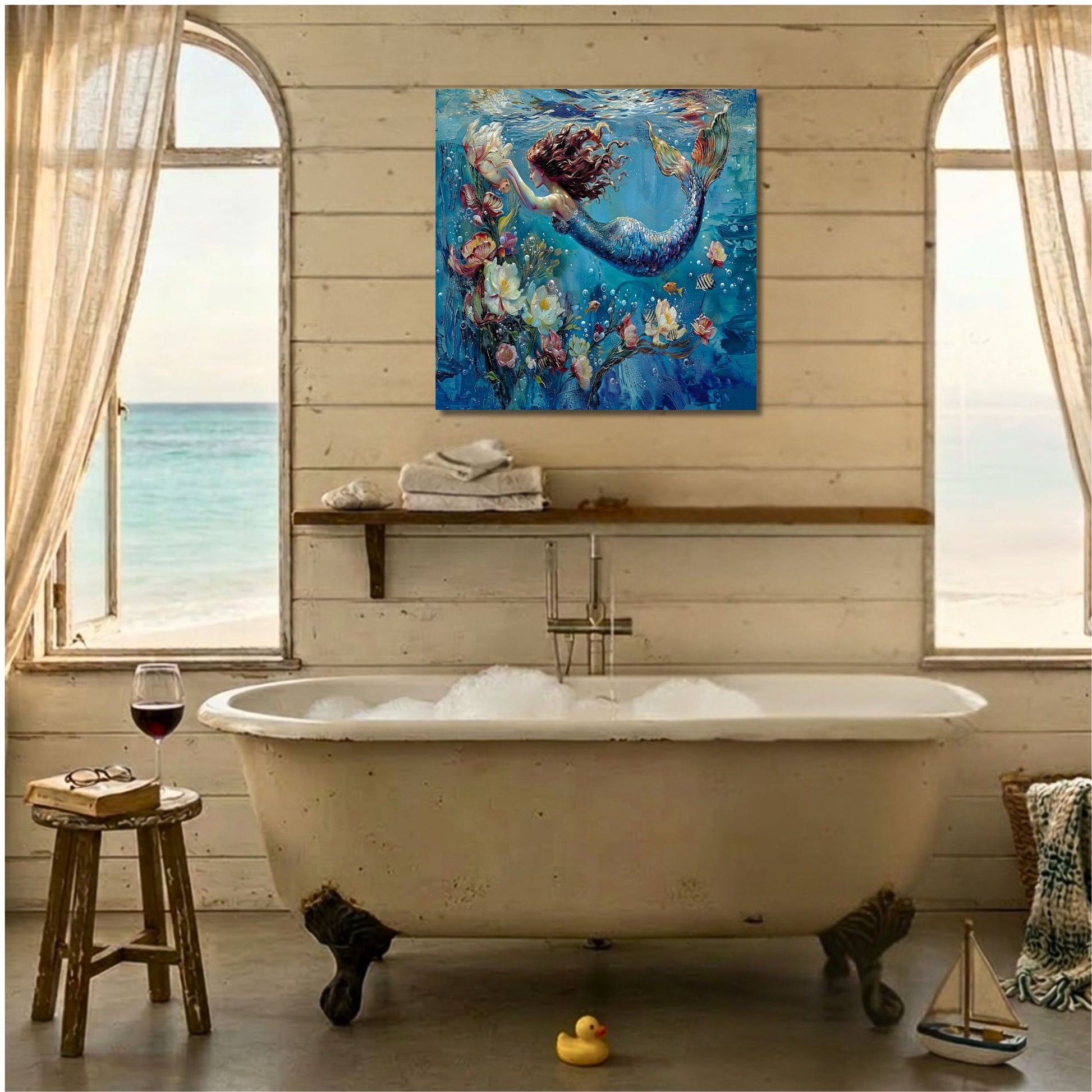 A colorful canvas art print of a mermaid underwater scene, displayed on a rustic white wood wall above a vintage clawfoot bathtub in a beach-themed bathroom setting.