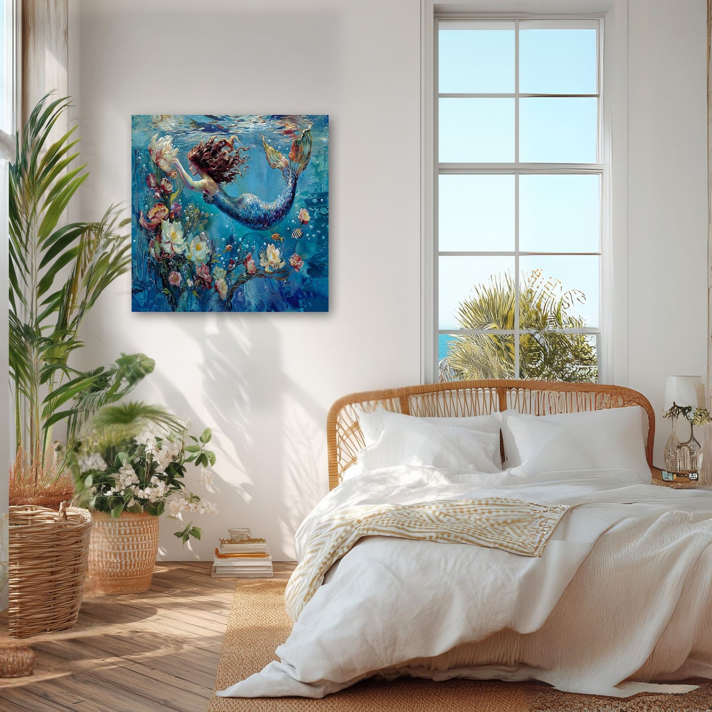 A square wall art print depicting an underwater mermaid scene in vibrant blues, displayed in a bright, modern bedroom next to a window and a bed with white linens.