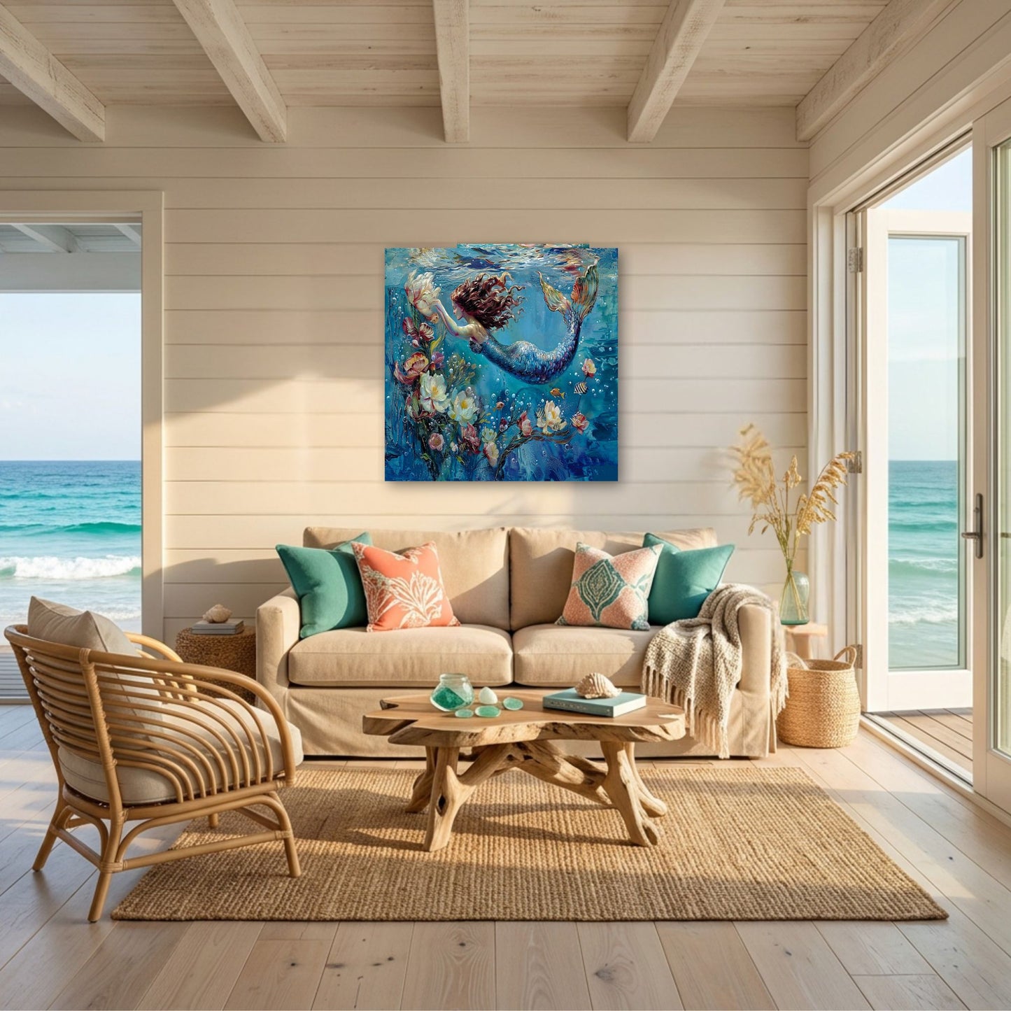 A colorful square canvas print of an underwater mermaid scene hangs on a beige wood-paneled wall above a beige sofa with teal and coral pillows in a bright beachfront living room.