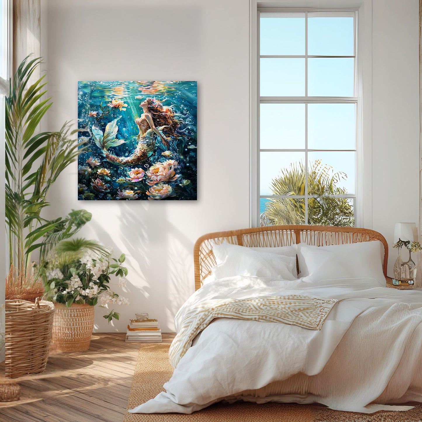 A square canvas wall art print depicting an underwater mermaid scene in vibrant blues, teals, and coral pinks, displayed on a white wall in a beautifully styled bedroom with a wicker bed and large windows.