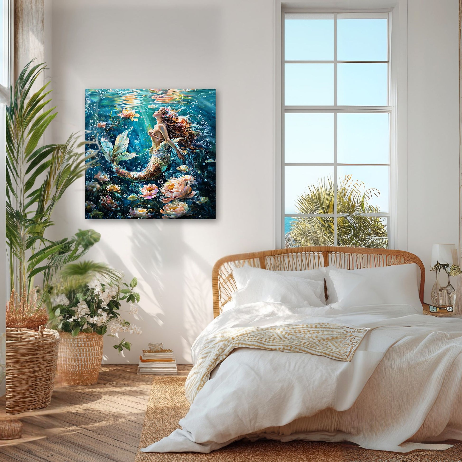 A square canvas wall art print depicting an underwater mermaid scene in vibrant blues, teals, and coral pinks, displayed on a white wall in a beautifully styled bedroom with a wicker bed and large windows.