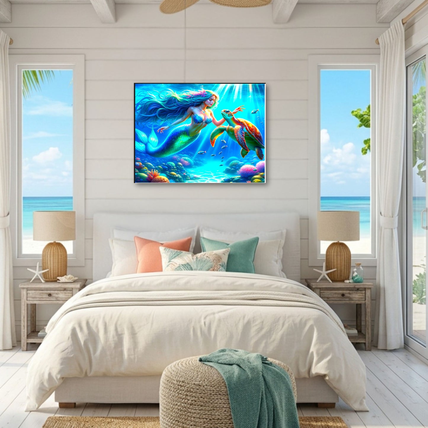 Luminous Mermaid and Sea Turtle Canvas Print | Vibrant Coastal Wall Art