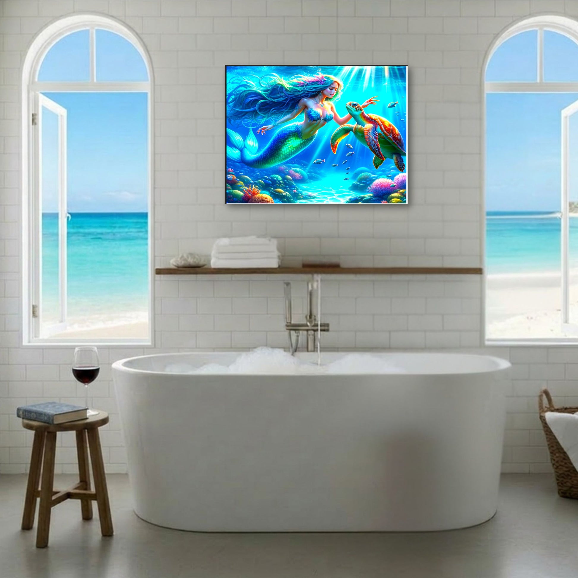 A colorful unframed wall art print of a mermaid and sea turtle hanging above a white freestanding bathtub in a bright bathroom with ocean views visible through two arched windows.
