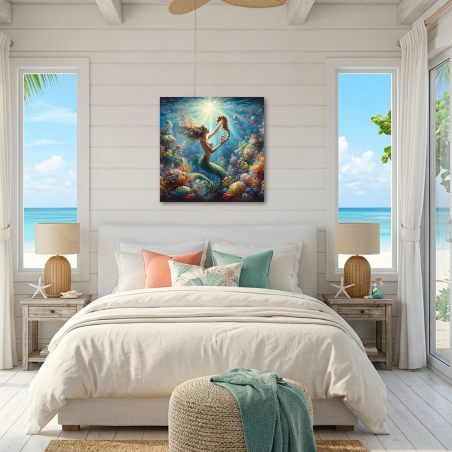 Radiant Coral Reef Mermaid Canvas Print | Sunlit Underwater Wall Art
