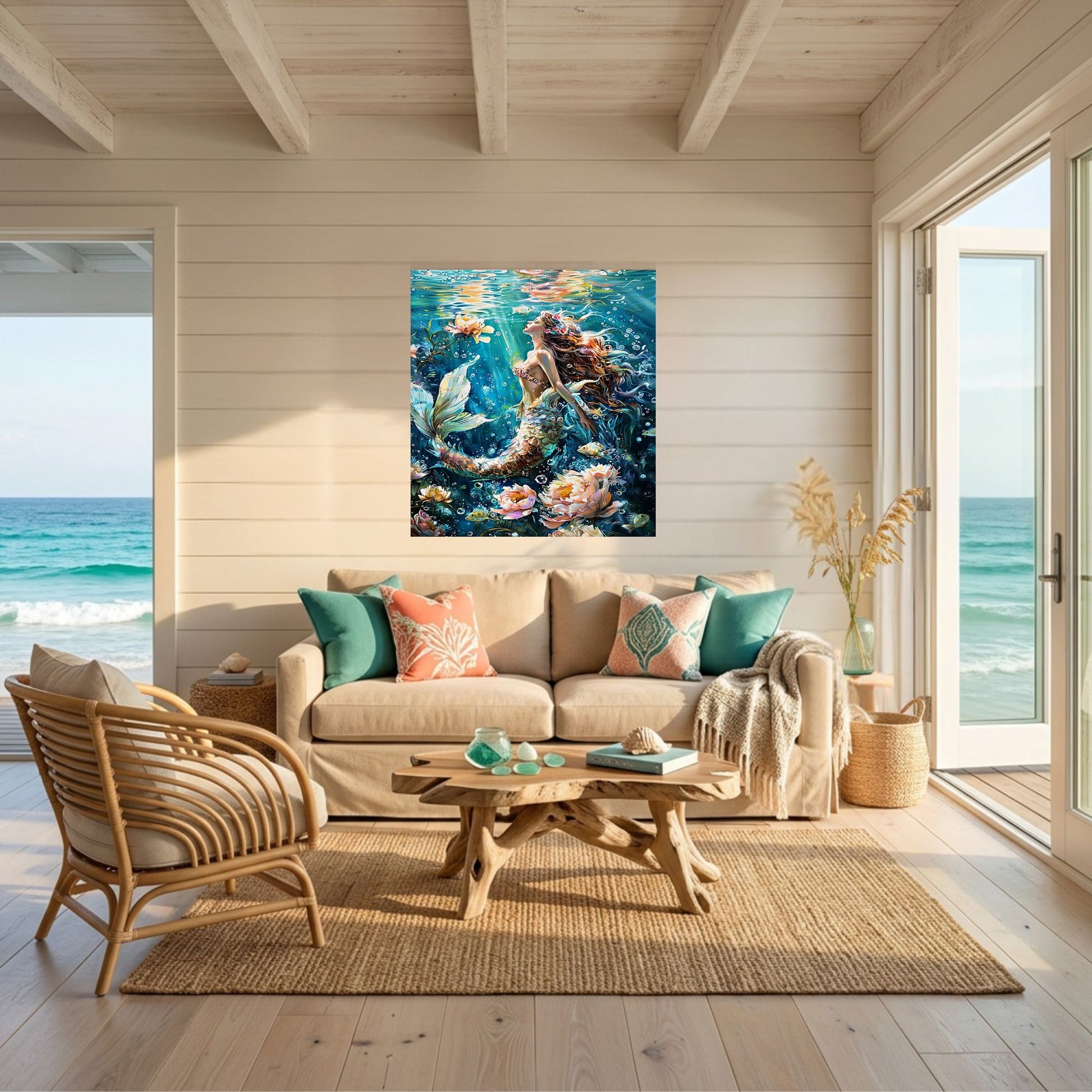 A unframed vertical canvas print of an underwater mermaid scene hangs on a beige shiplap wall above a sofa in a bright beachside living room with ocean views.
