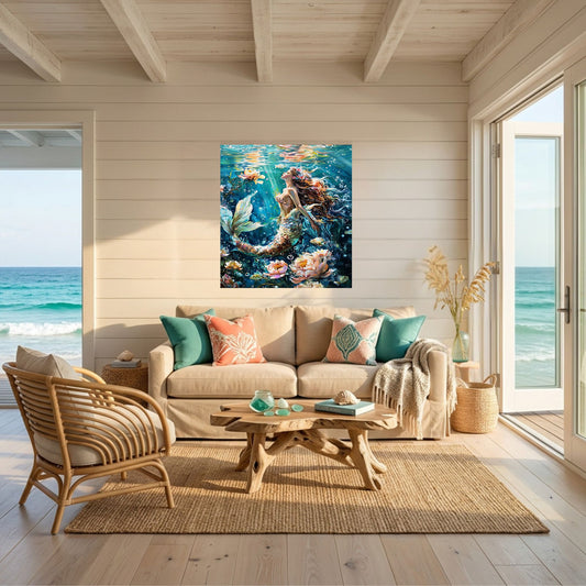 A unframed vertical canvas print of an underwater mermaid scene hangs on a beige shiplap wall above a sofa in a bright beachside living room with ocean views.
