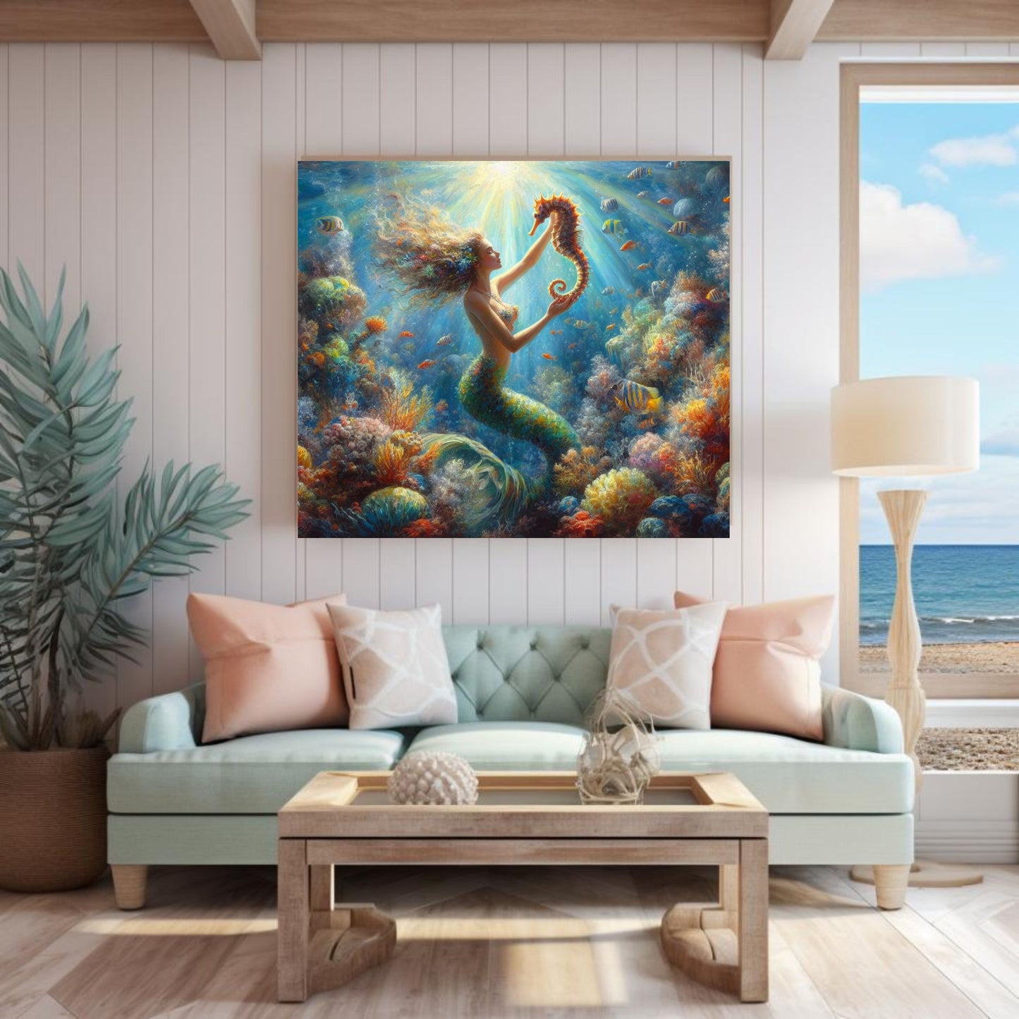 Radiant Coral Reef Mermaid Canvas Print | Sunlit Underwater Wall Art