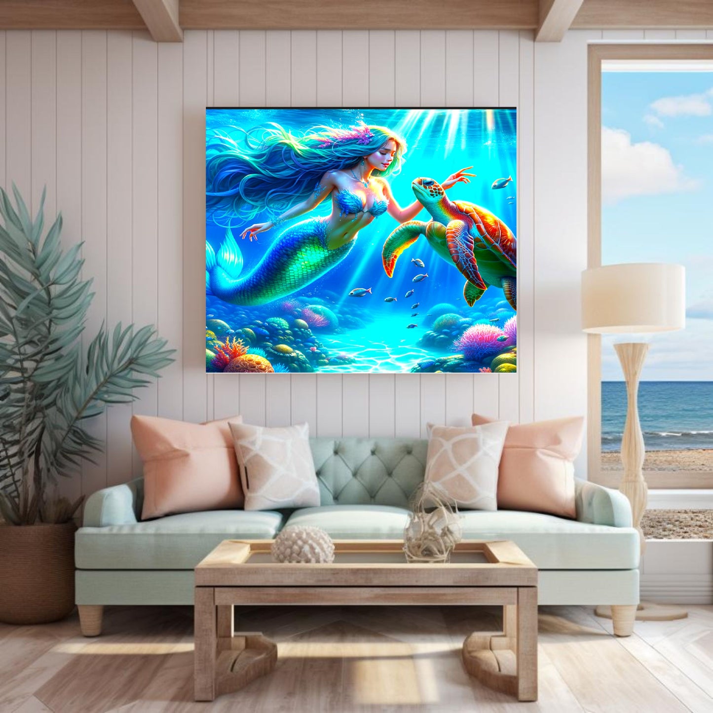 Luminous Mermaid and Sea Turtle Canvas Print | Vibrant Coastal Wall Art