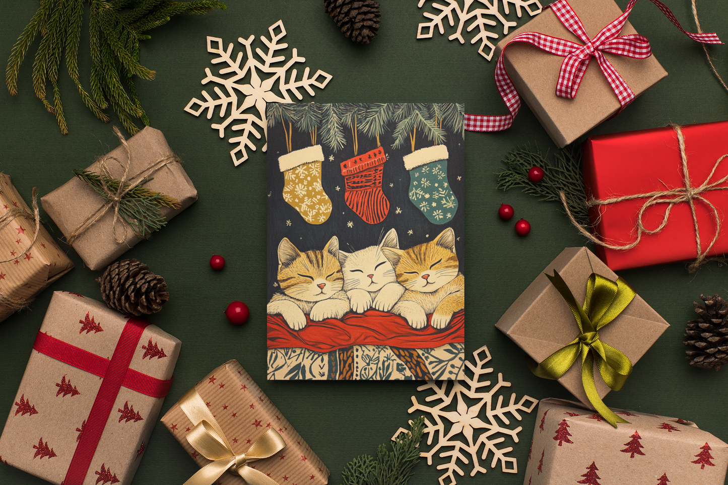 Meowy Christmas – Funny Cat Christmas Card with Cozy Charm  Ocean Petal Studio