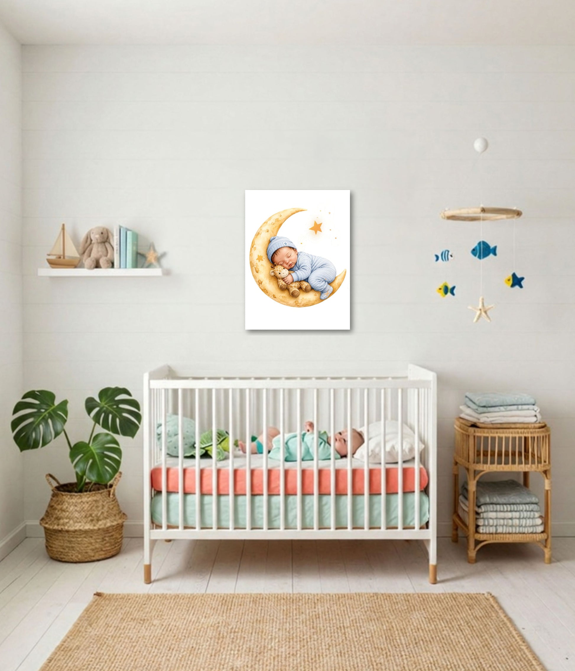 A framed wall art print showing a baby sleeping on a crescent moon with stars, displayed above a white crib in a styled nursery room with a plant, shelf, and mobile.