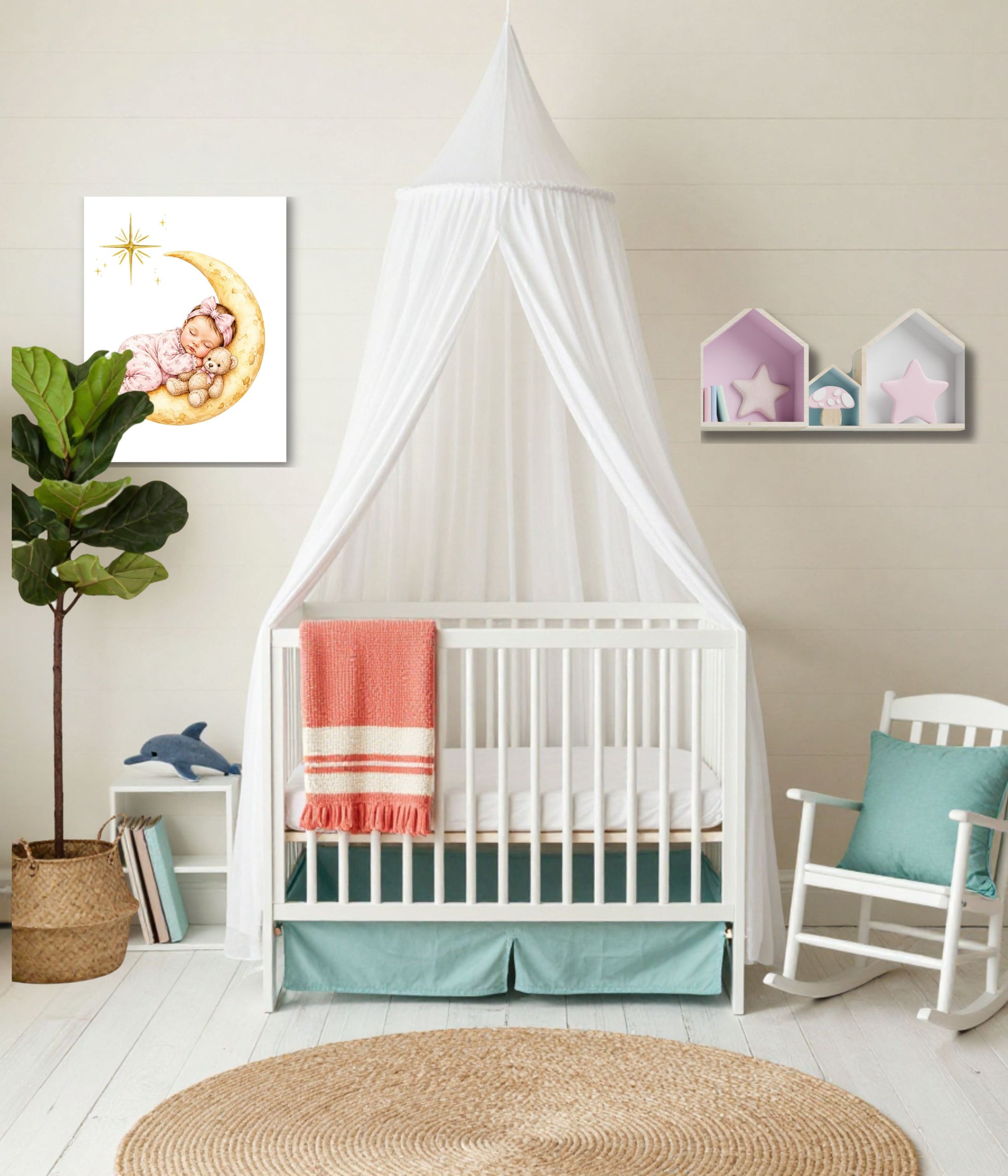 A white wooden baby crib with a white fabric canopy tent, styled in a bright nursery with a coral-orange striped throw blanket, a mint green bed skirt, a potted fiddle-leaf fig plant, a white rocking chair, and a round woven rug.