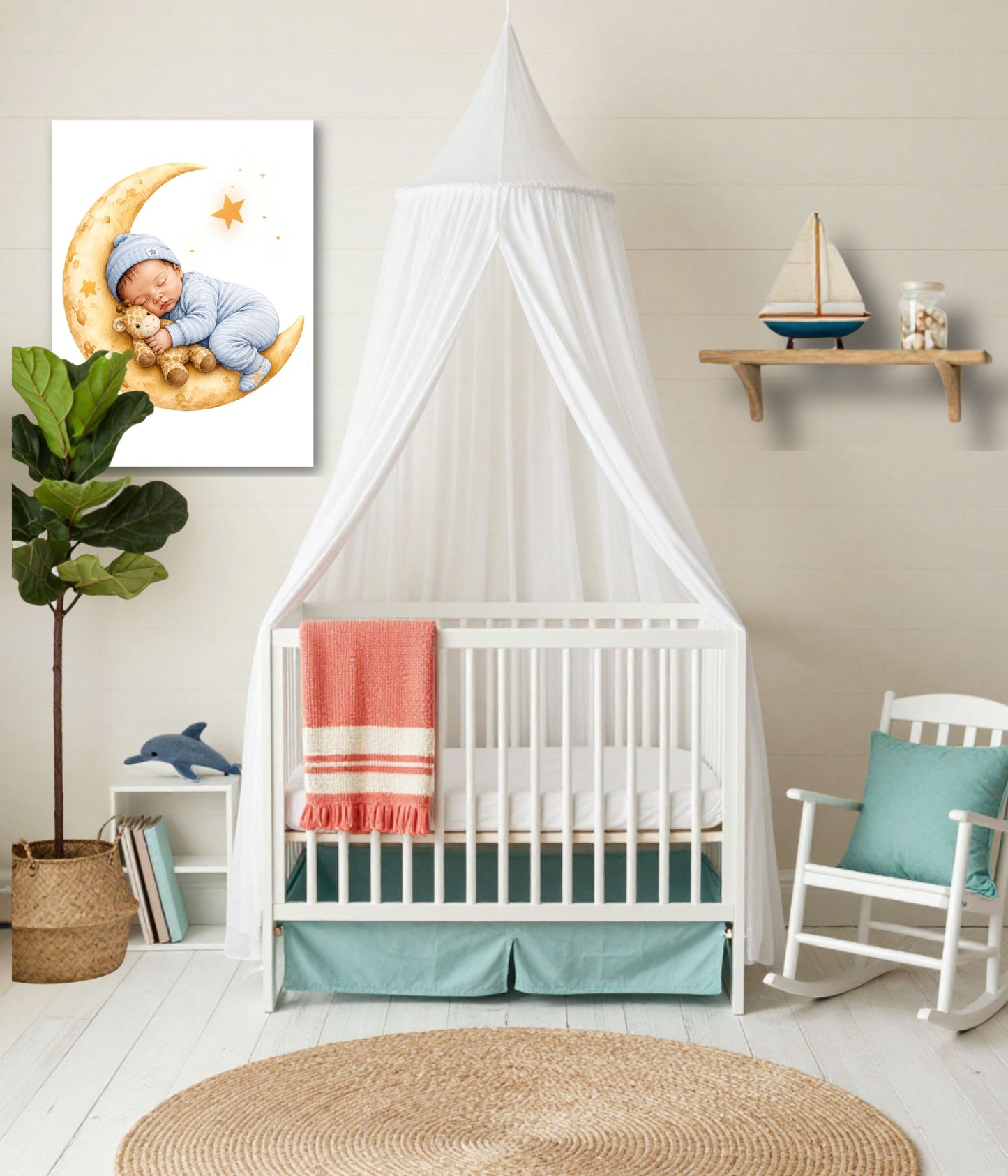 A styled nursery scene with a white crib under a white canopy, a coral throw blanket, a teal mattress skirt, a framed baby print on the wall, a rocking chair with a teal pillow, and a plant in a basket planter.