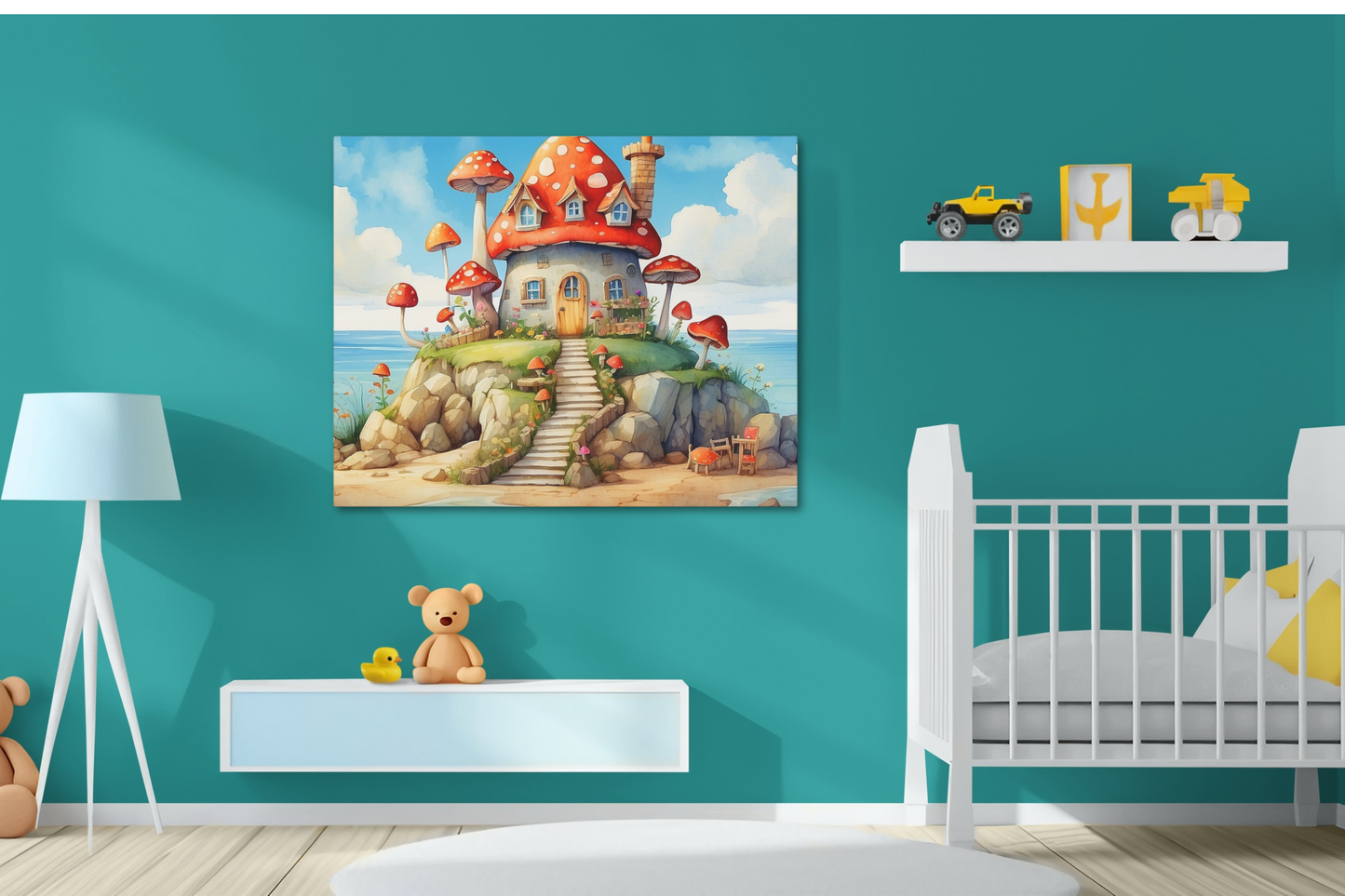 Whimsical Mushroom Beach Cottage Canvas Print | Dreamy Coastal Nursery Wall Art