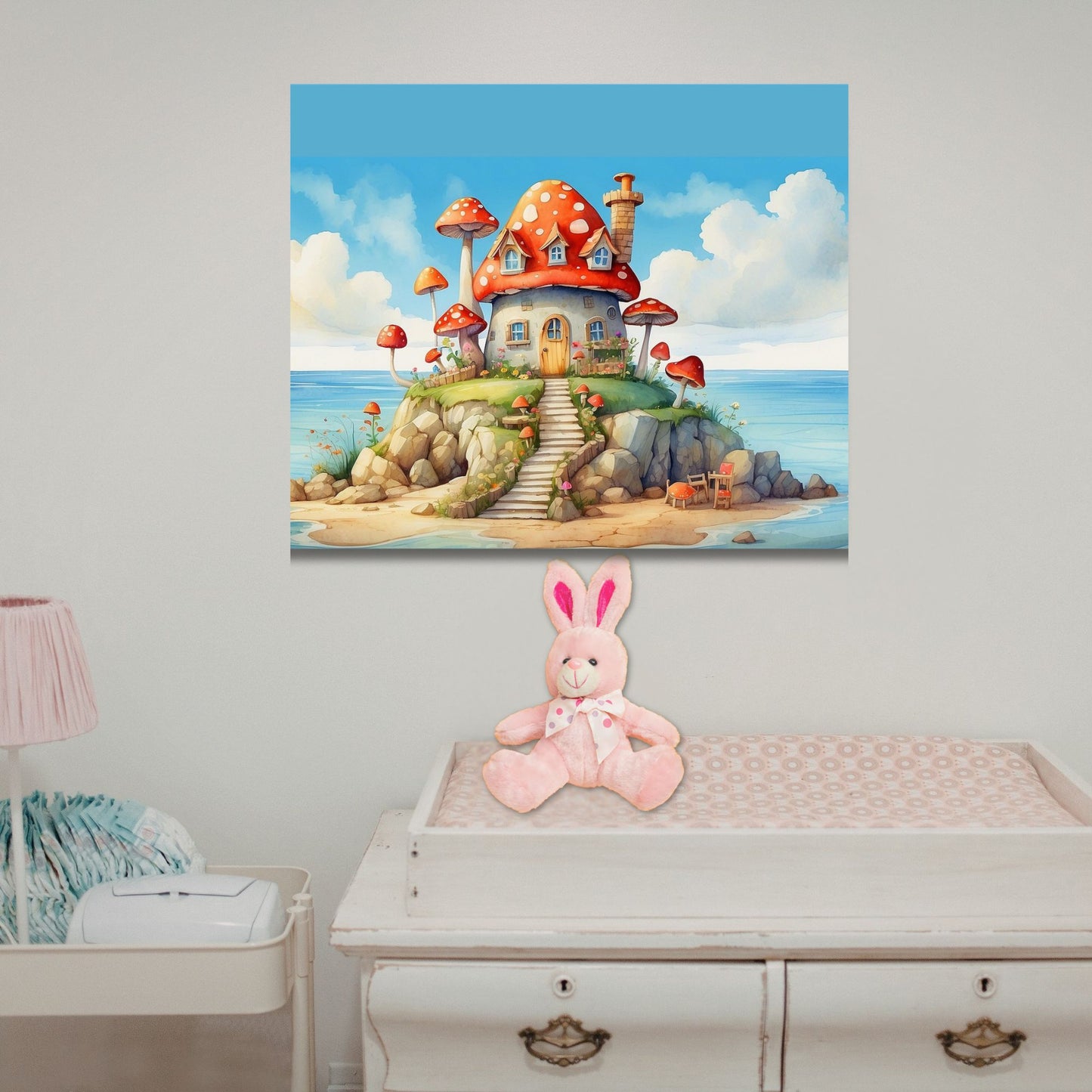 Whimsical Mushroom Beach Cottage Canvas Print | Dreamy Coastal Nursery Wall Art