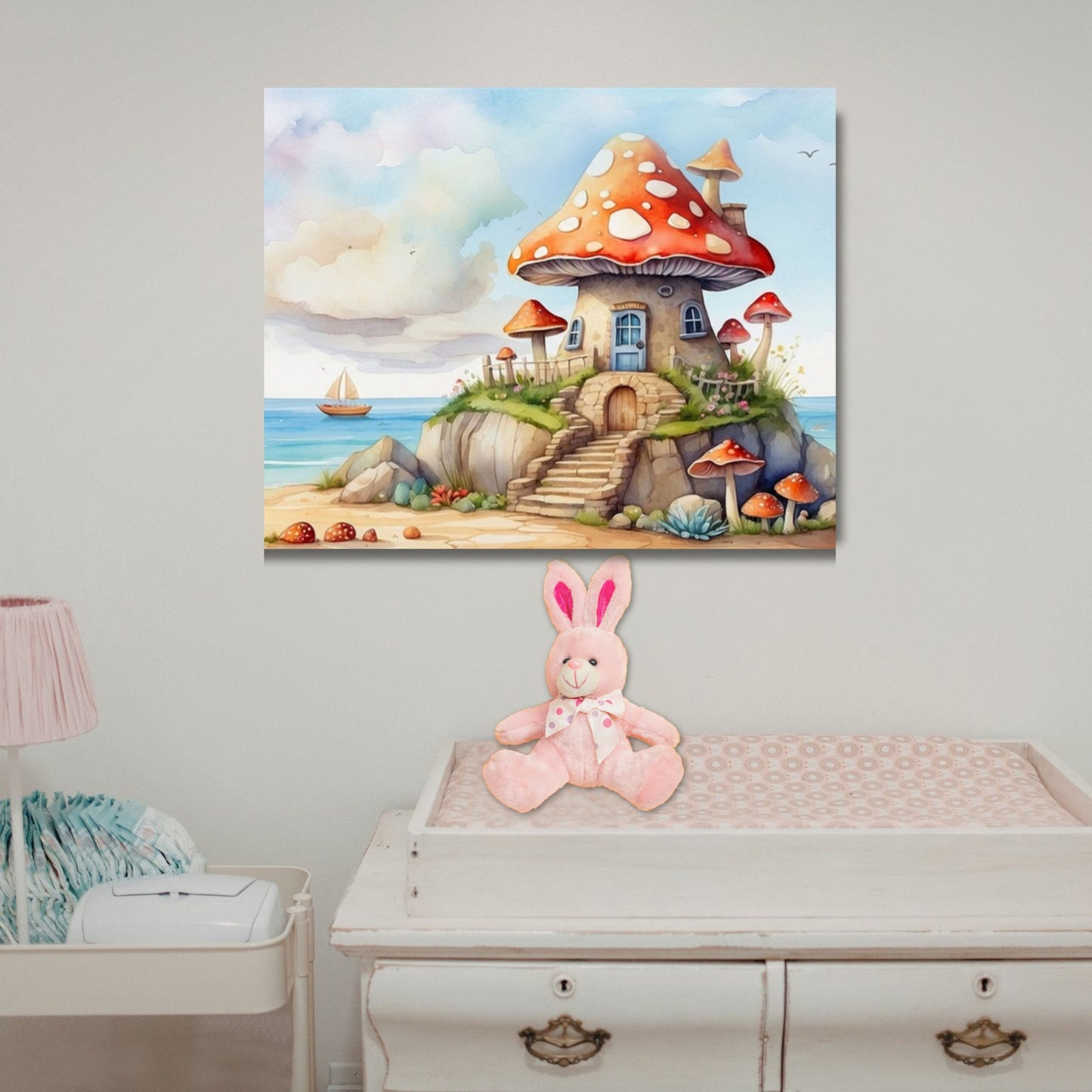 Whimsical Mushroom Beach Cottage Canvas Print | Dreamy Coastal Nursery Wall Art