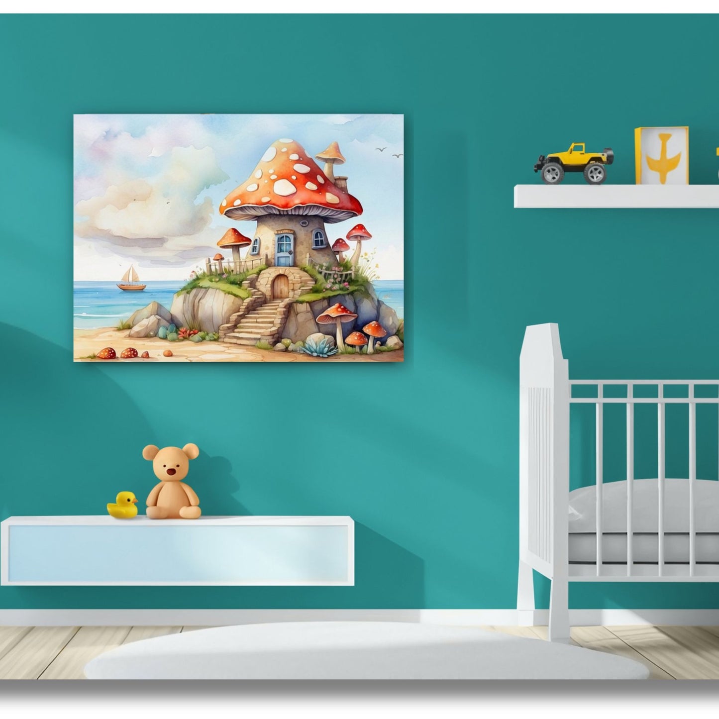 Whimsical Mushroom Beach Cottage Canvas Print | Dreamy Coastal Nursery Wall Art
