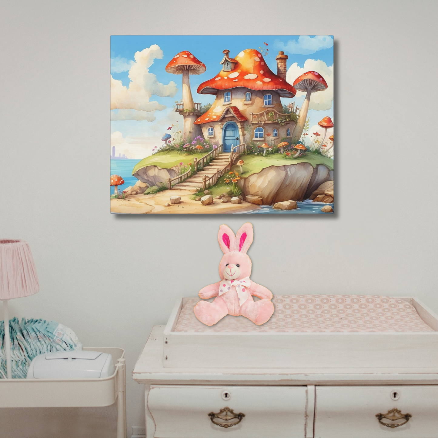 Whimsical Mushroom Beach Cottage Canvas Print | Dreamy Coastal Nursery Wall Art