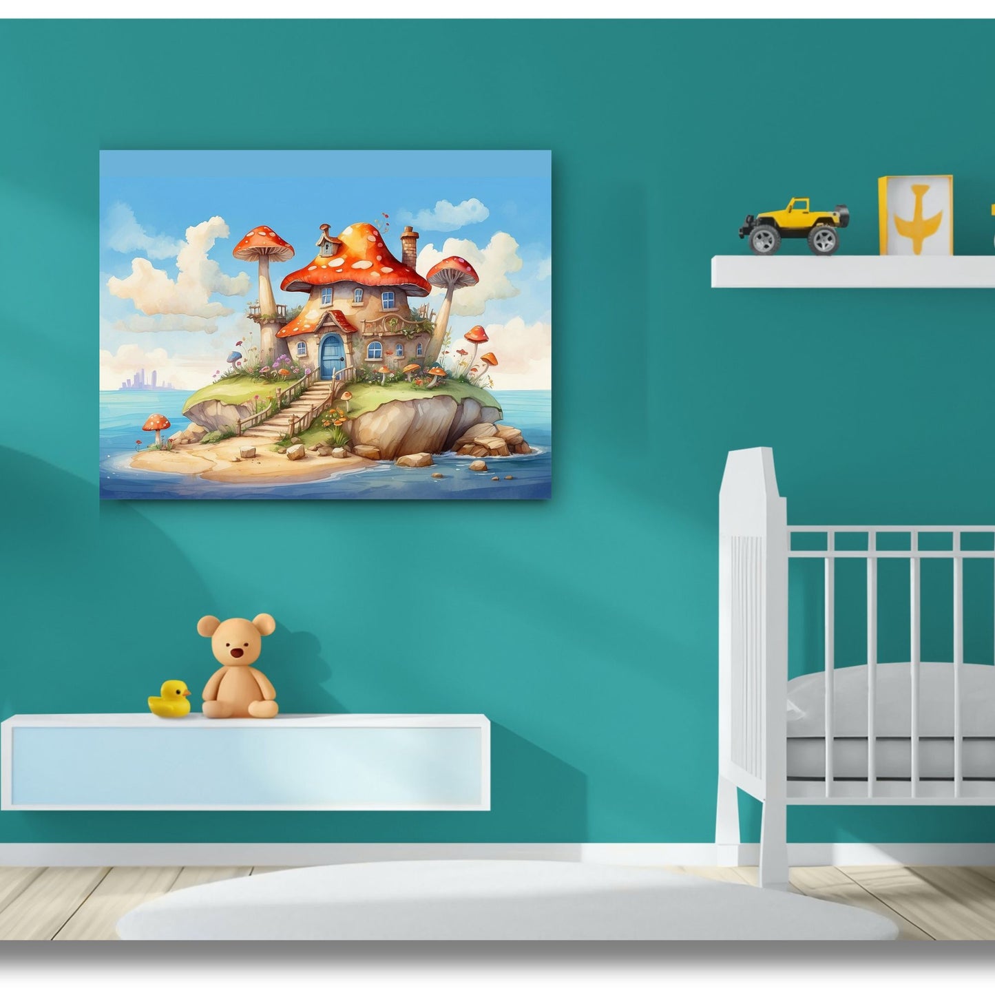 Whimsical Mushroom Beach Cottage Canvas Print | Dreamy Coastal Nursery Wall Art