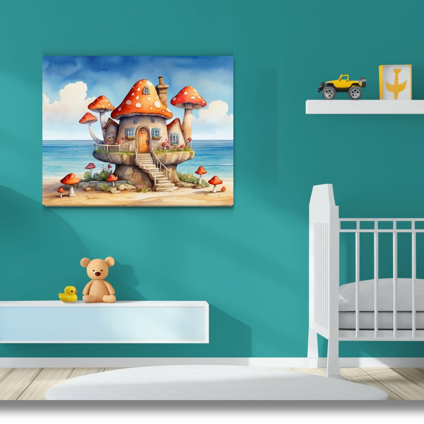 Whimsical Mushroom Beach Cottage Canvas Print | Dreamy Coastal Nursery Wall Art