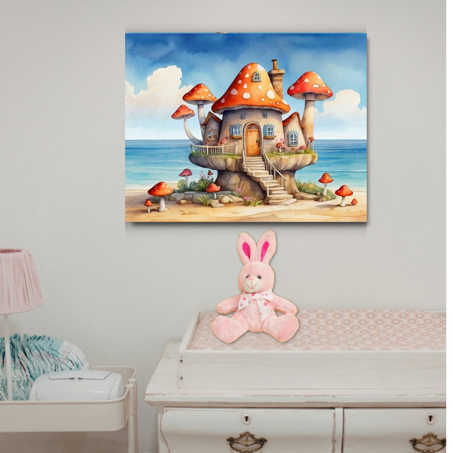Whimsical Mushroom Beach Cottage Canvas Print | Dreamy Coastal Nursery Wall Art