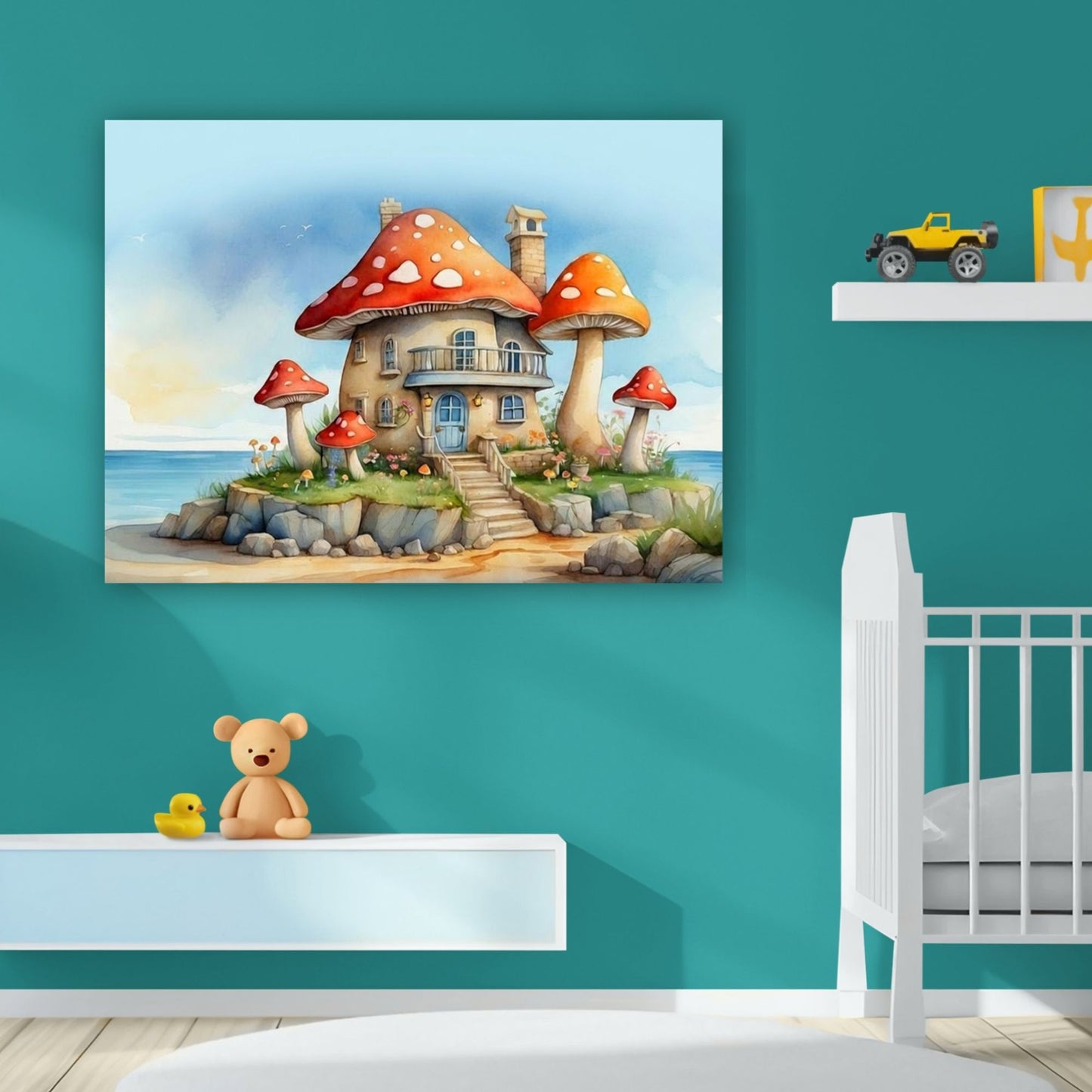 Whimsical Mushroom Beach Cottage Canvas Print | Dreamy Coastal Nursery Wall Art