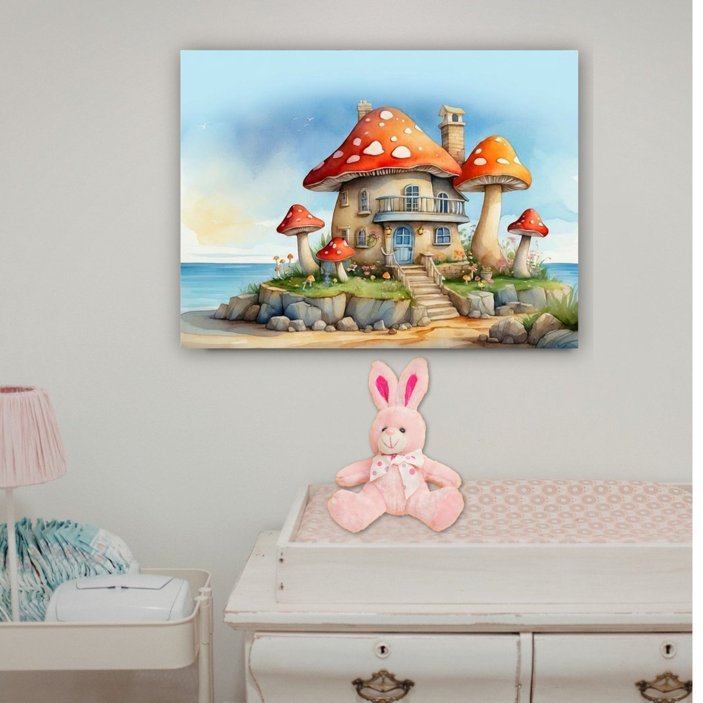 Whimsical Mushroom Beach Cottage Canvas Print | Dreamy Coastal Nursery Wall Art