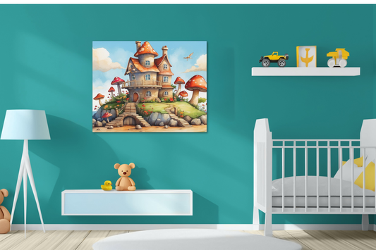 Whimsical Mushroom Beach Cottage Canvas Print | Dreamy Coastal Nursery Wall Art