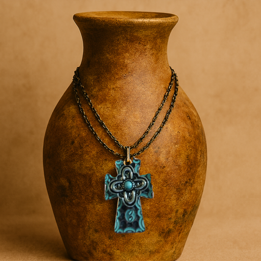 Turquoise Patina Cross Necklace – Rustic Southwestern Pendant