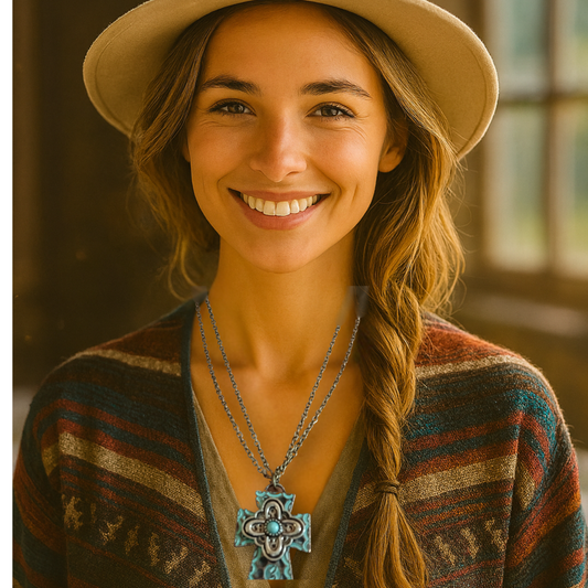 Turquoise Patina Cross Necklace – Rustic Southwestern Pendant