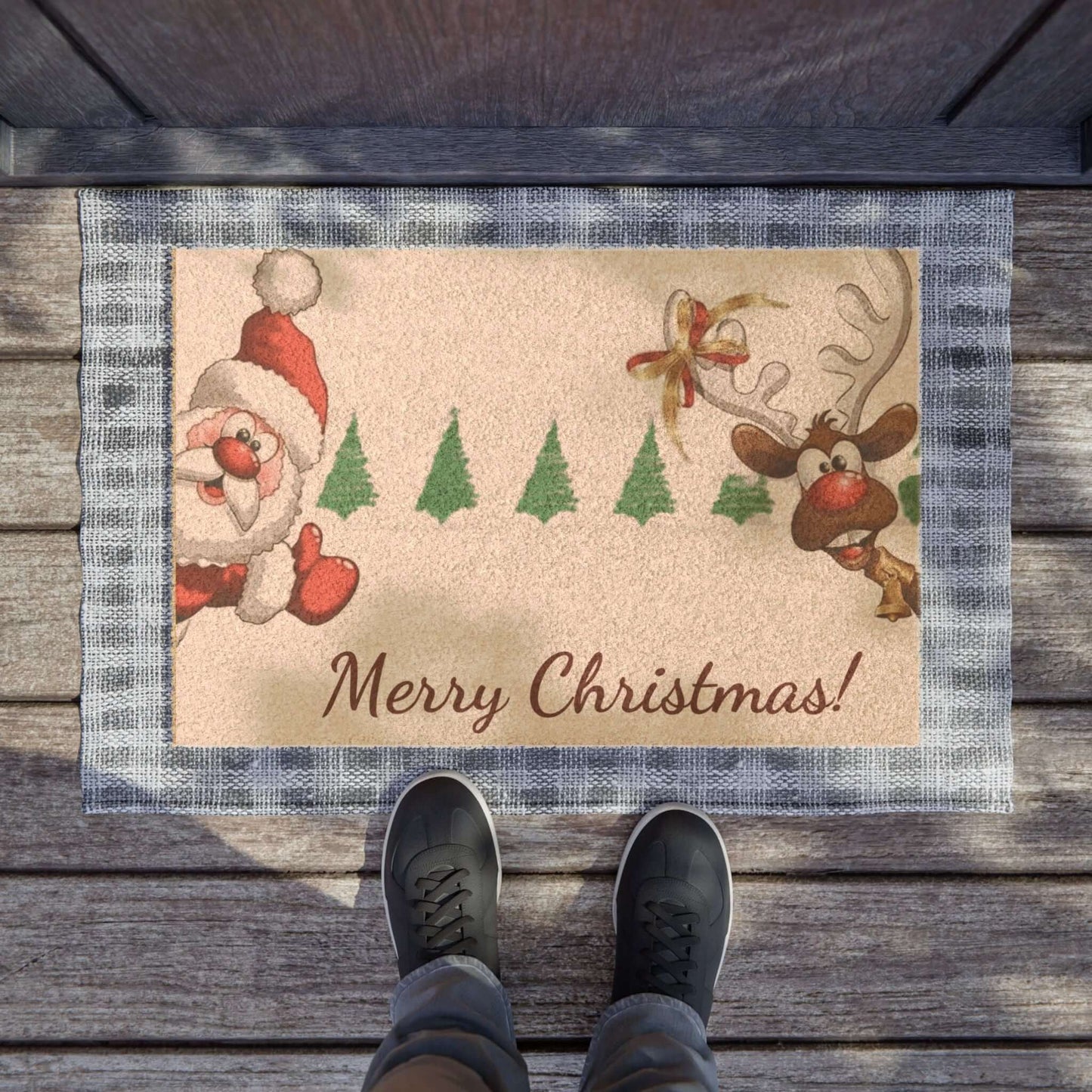 Christmas doormat with Santa and reindeer – Cheerful Holiday Entry Rug with festive design and non-slip backing.
