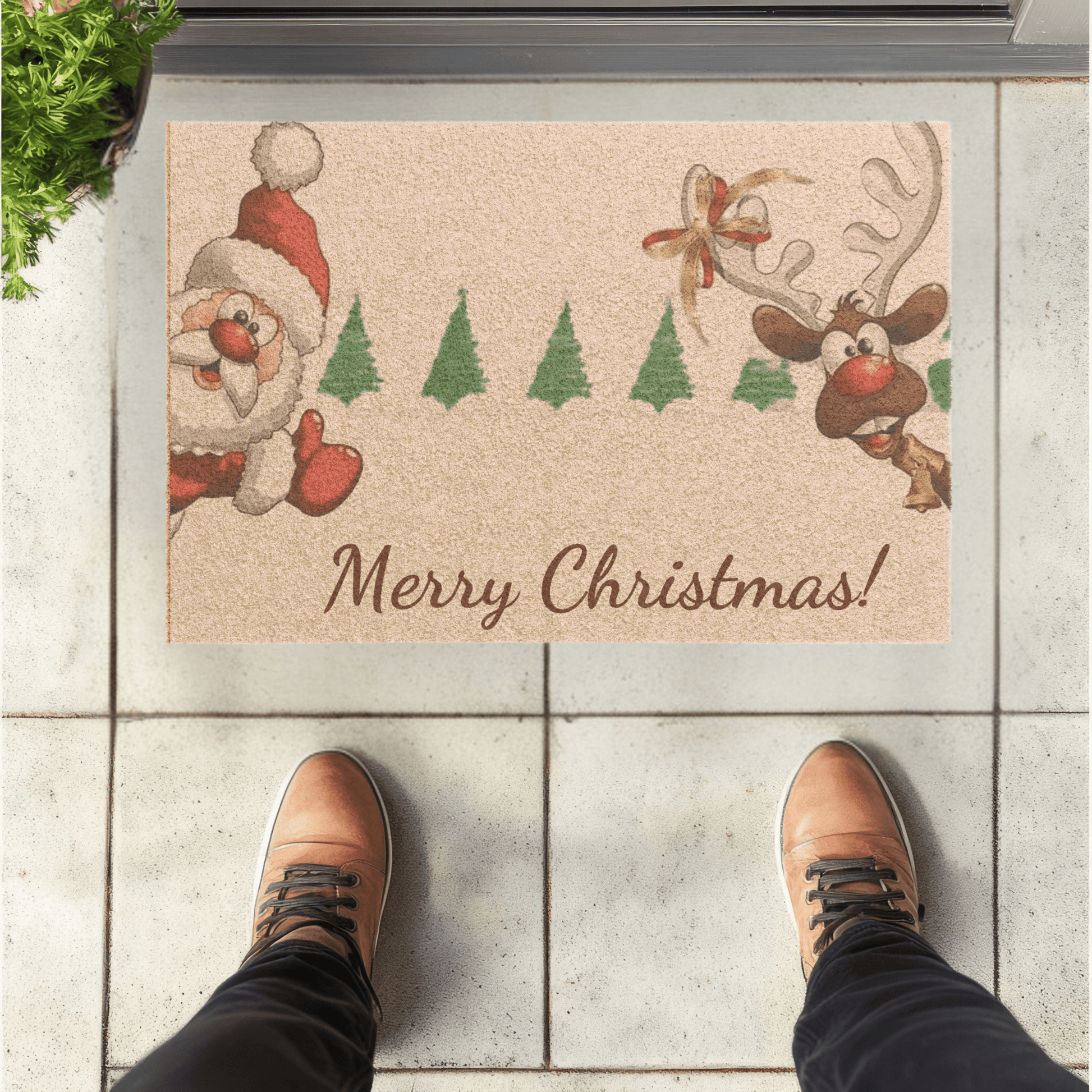 Christmas doormat with Santa and reindeer is a cheerful addition for holiday decor.