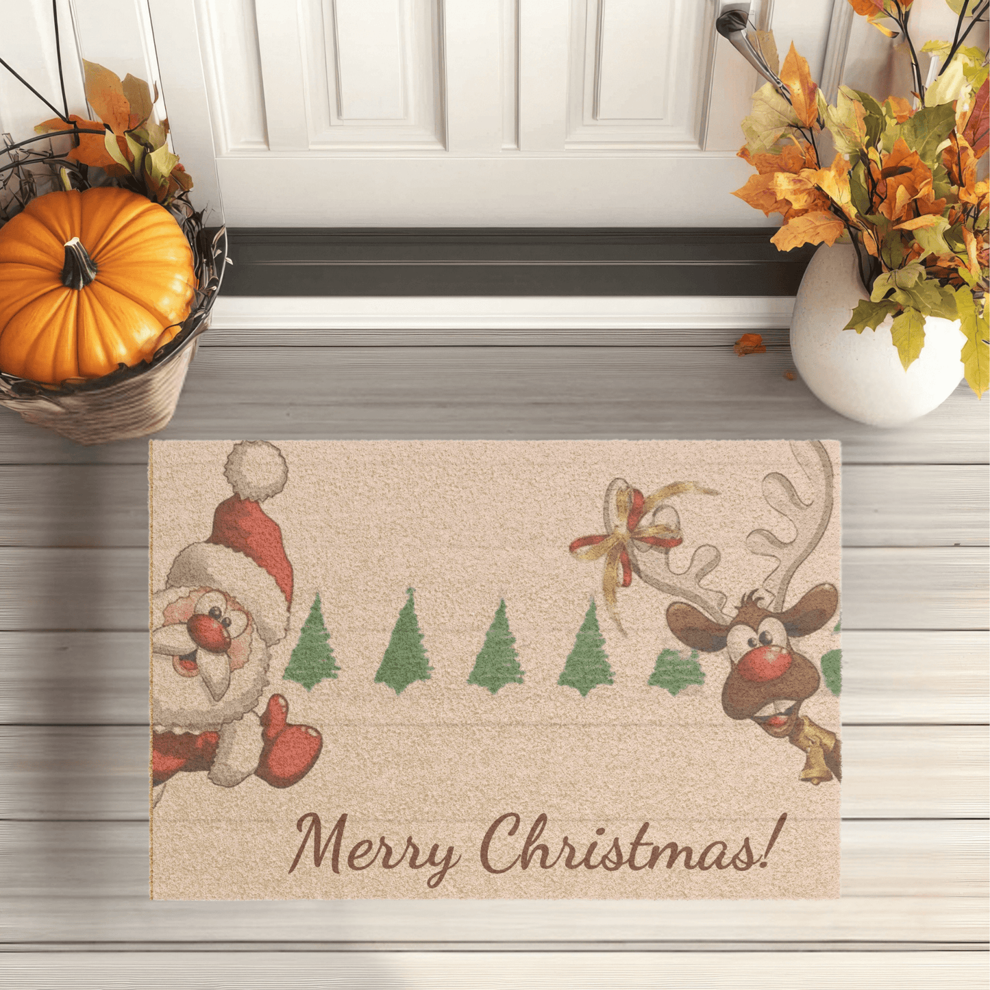 Christmas doormat with Santa and reindeer features a festive design and cheerful message for holiday decor.
