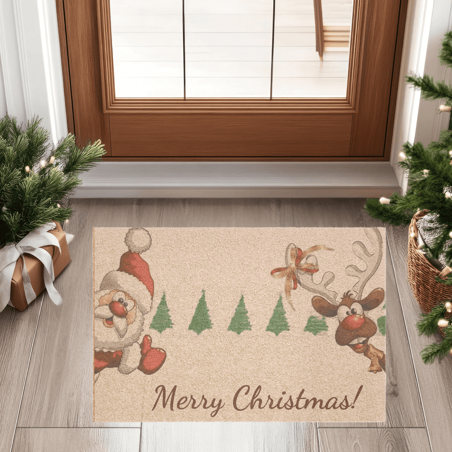 Christmas doormat with Santa and reindeer – Cheerful Holiday Entry Rug with festive design at doorstep.