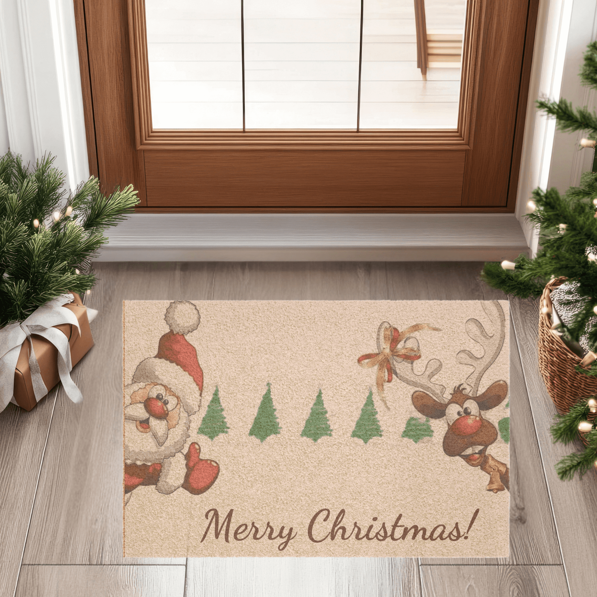 Christmas doormat with Santa and reindeer – Cheerful Holiday Entry Rug with festive design at doorstep.