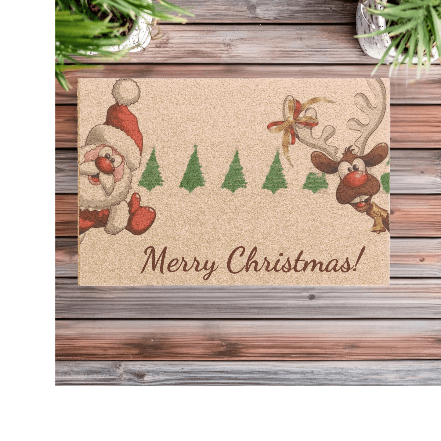 Christmas doormat with Santa and reindeer – Cheerful Holiday Entry Rug with festive design and greeting.