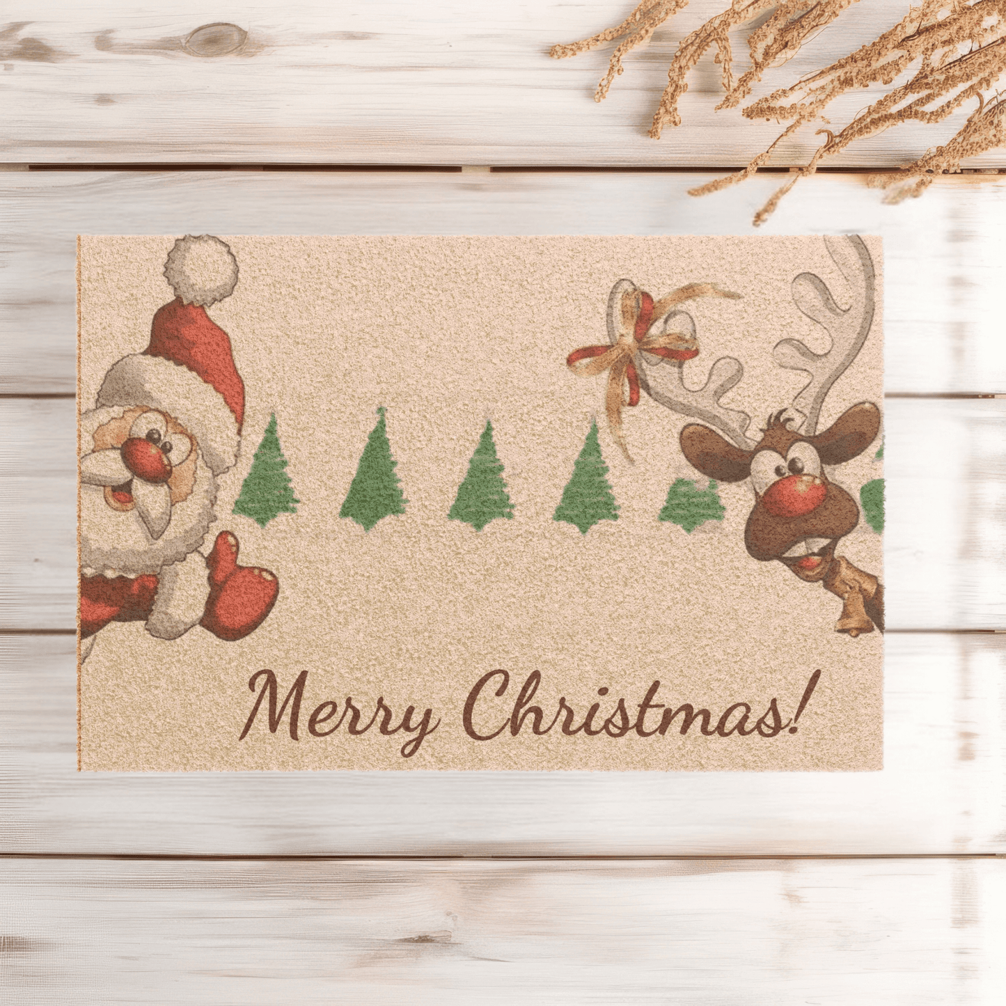  Christmas doormat with Santa and reindeer brings a festive touch to your holiday decor.