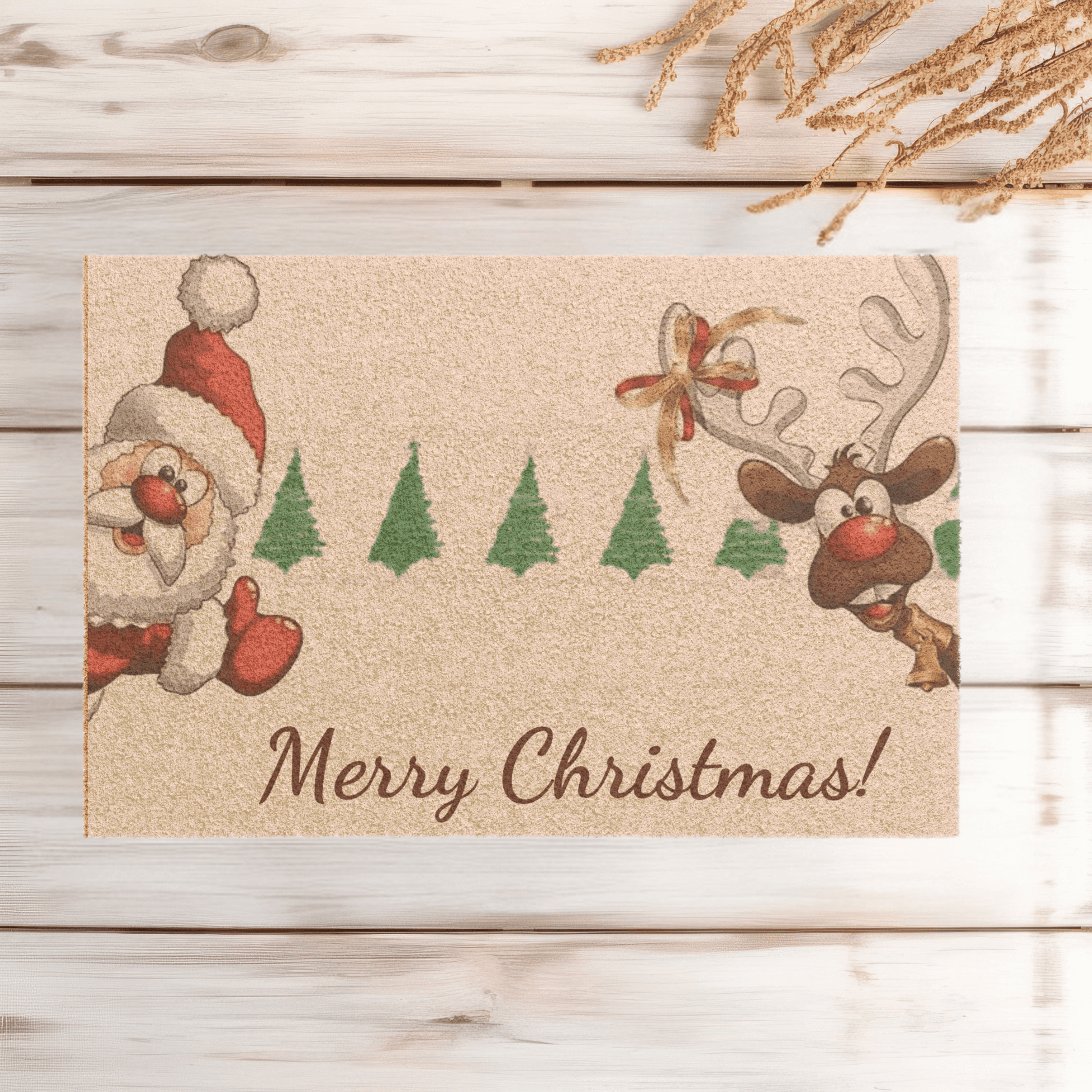  Christmas doormat with Santa and reindeer brings a festive touch to your holiday decor.