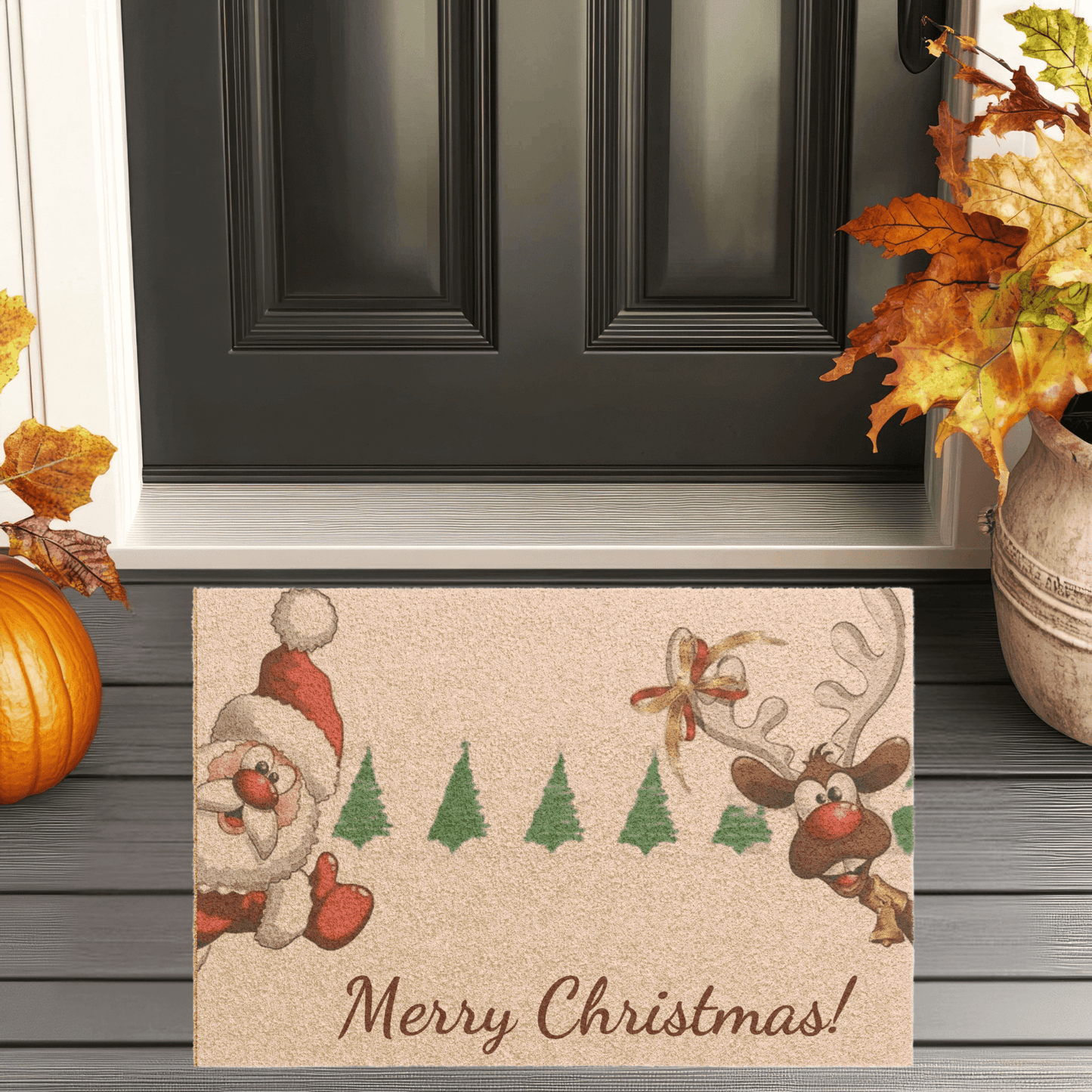 Christmas doormat with Santa and reindeer features a fun design and cheerful message for holiday guests.