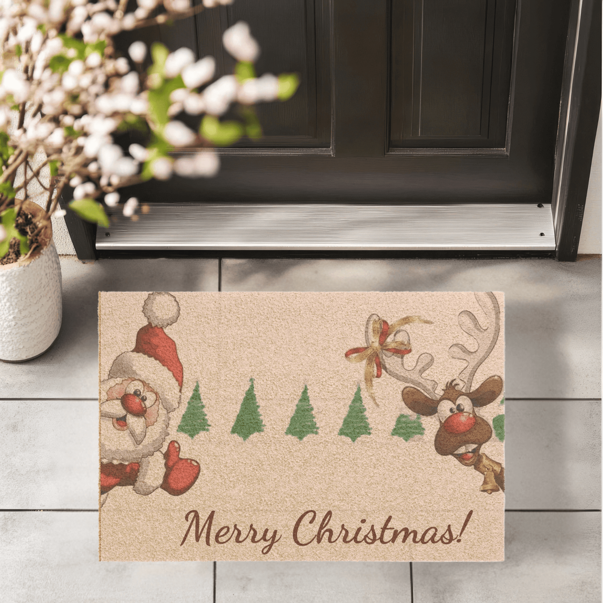 Christmas doormat with Santa and reindeer features a welcoming design for holiday friends and family..