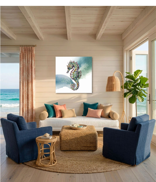 Ornate Watercolor Seahorse Canvas Print | Teal Coastal Marine Wall Art