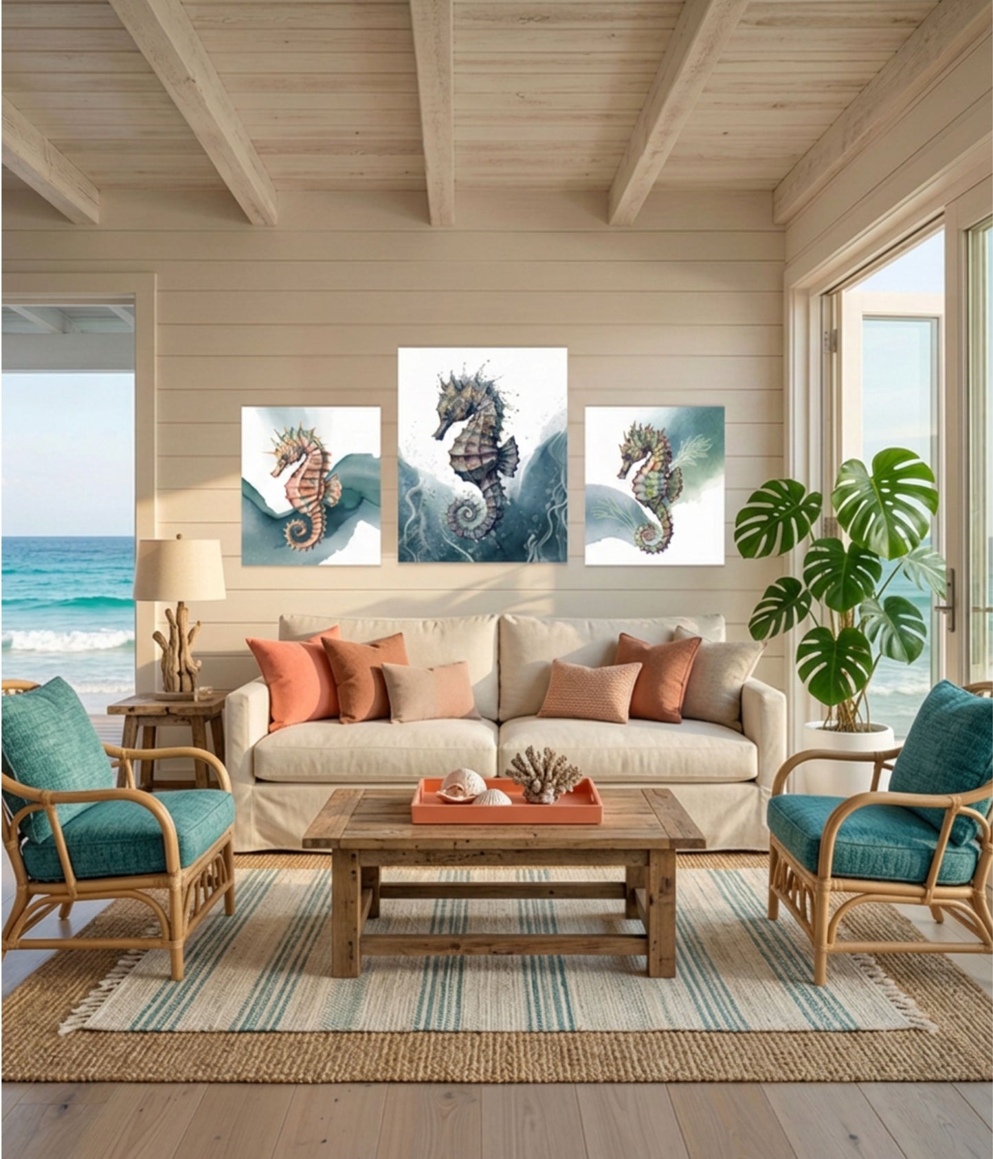 A staged beach-style living room with a cream sofa, teal chairs, wooden coffee table, and large wall art featuring three seahorse paintings above the couch. The room is lit by large windows showing the ocean outside, with a plant on the right and a striped rug underneath.