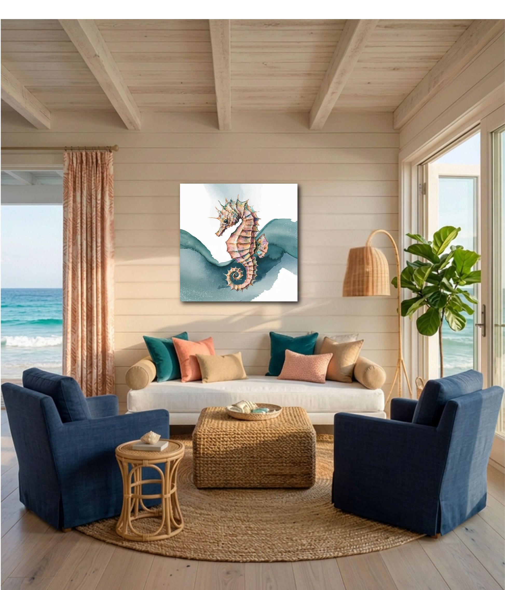 A coastal living room scene with an unframed seahorse wall art piece centered above a white sofa. The room has light wood walls and ceiling, blue armchairs, a woven coffee table, and ocean views through large windows.