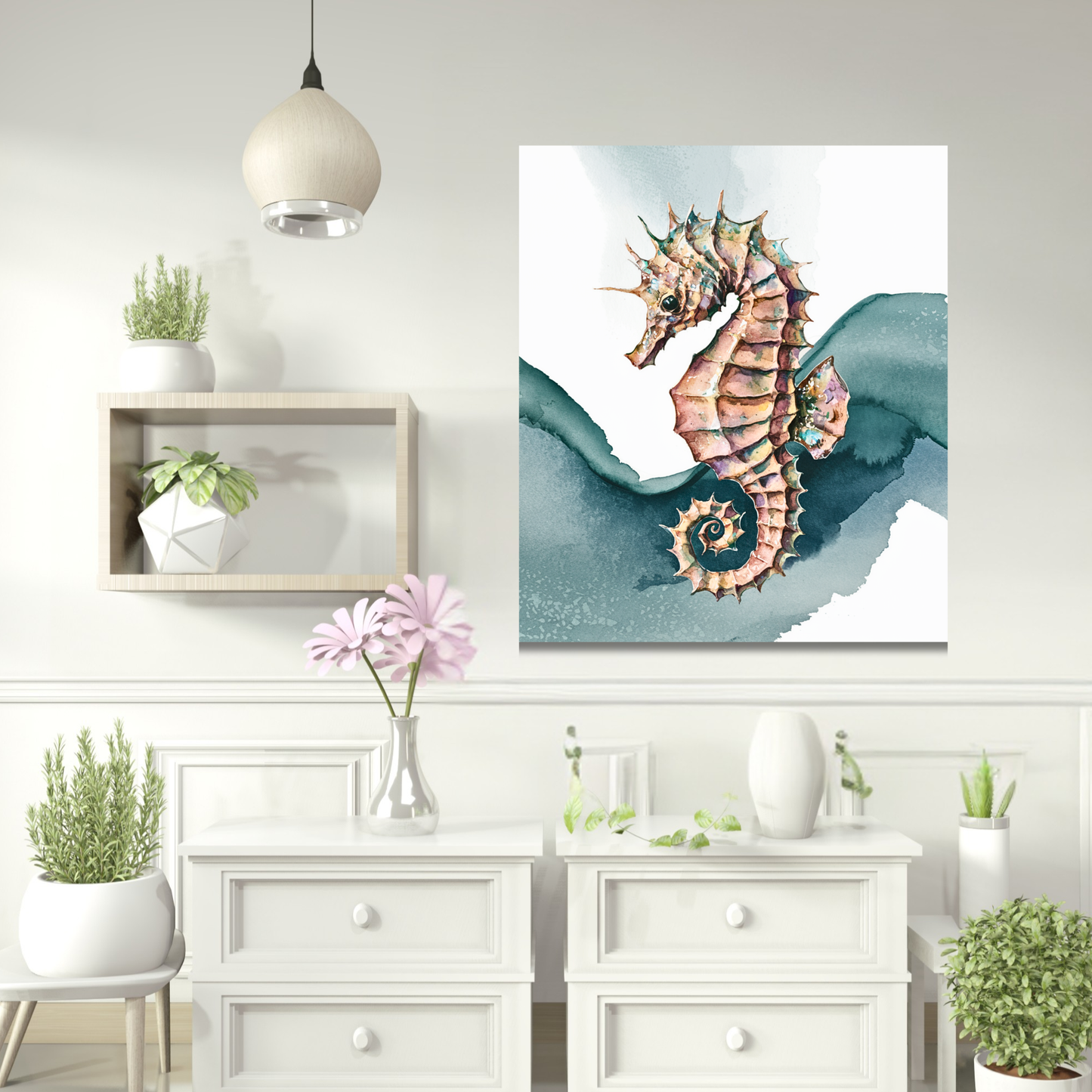 Decorative wall art of a seahorse on a blue and white background in a room with white furniture and plants.