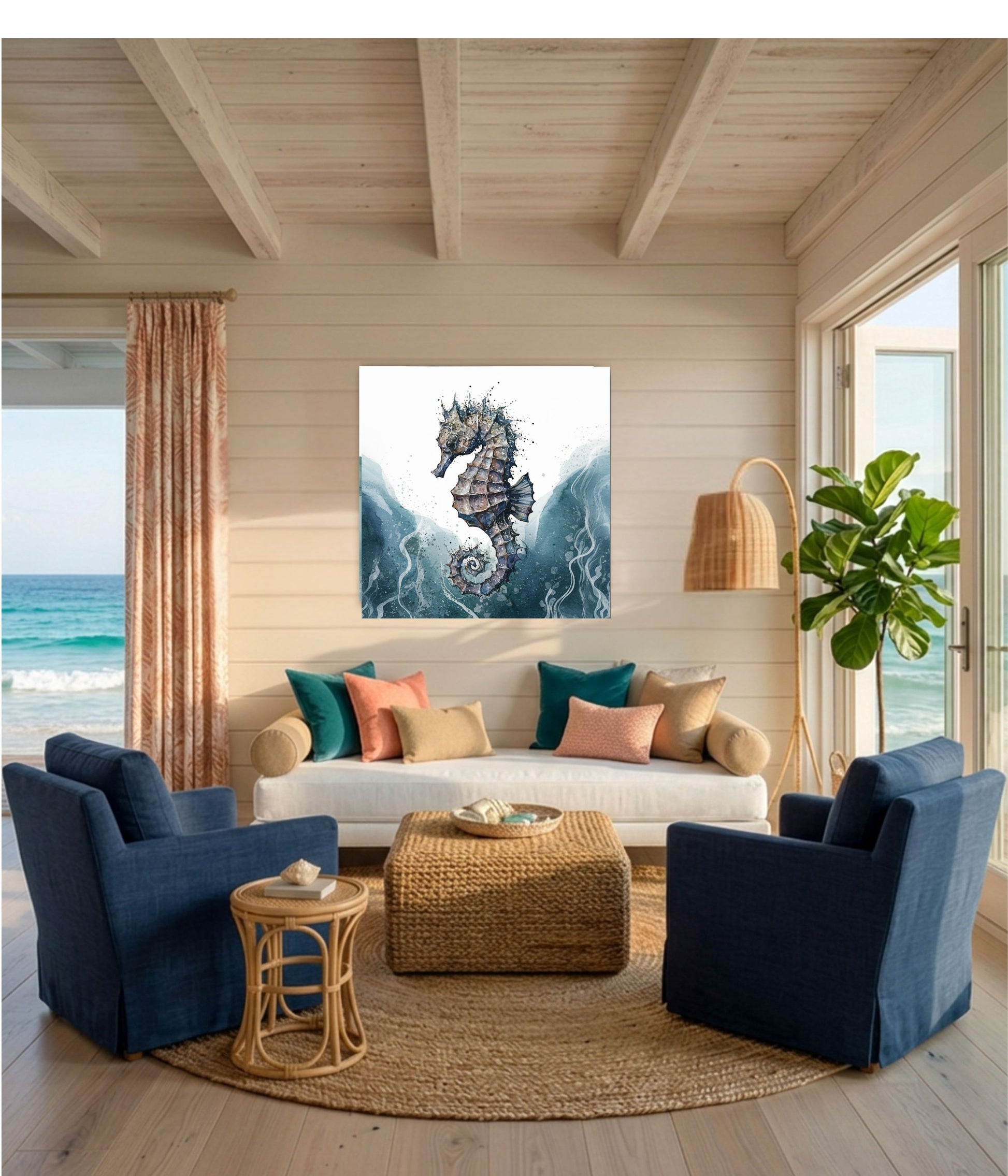 A coastal living room scene with an unframed seahorse wall art print centered above a white sofa. The room has light wood walls and ceiling, blue armchairs, a woven coffee table, and ocean views through large windows.