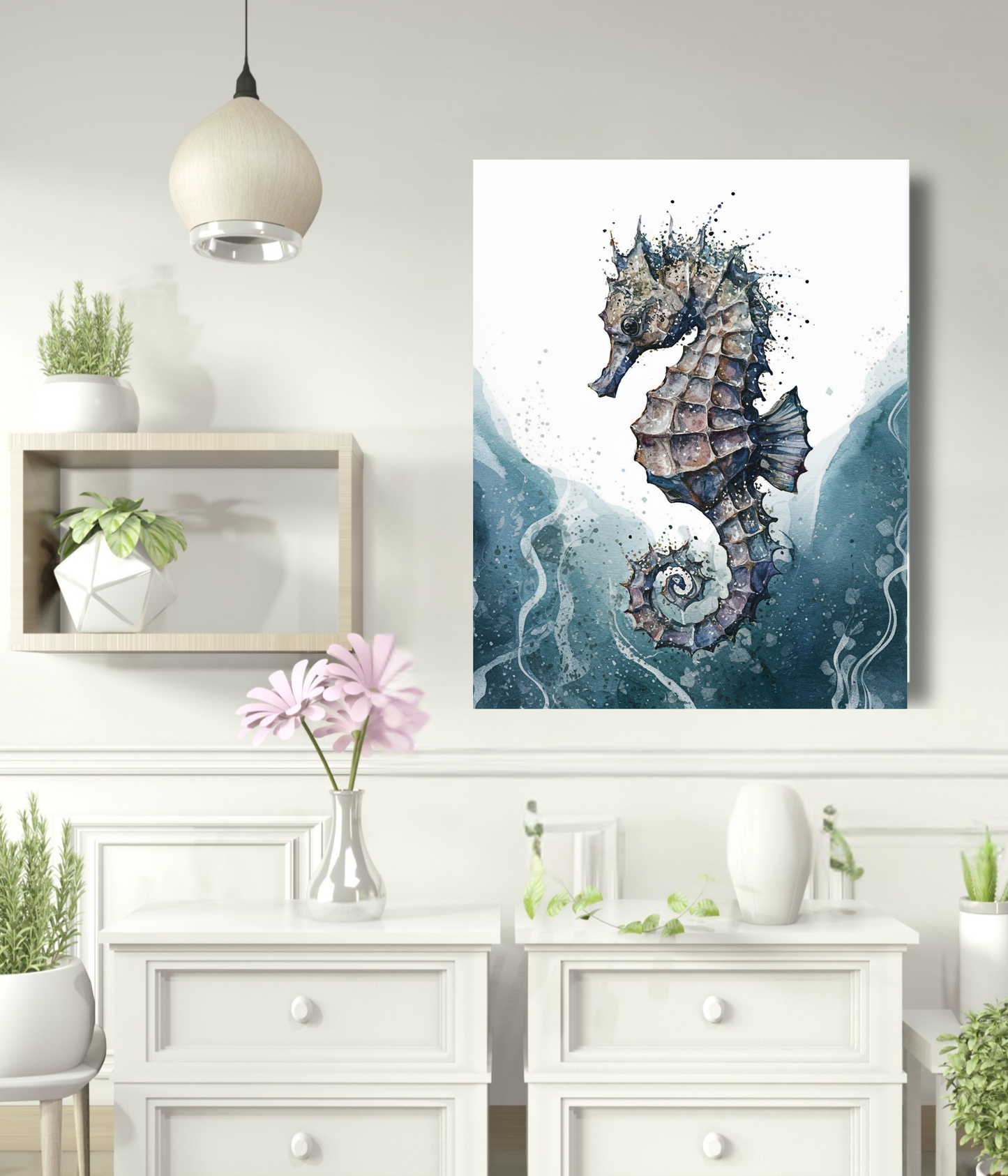A vertical canvas wall art print featuring a detailed seahorse illustration in blue, gray, and brown tones, displayed on a white wall in a styled room setting with a white dresser, plants, and a hanging lamp.